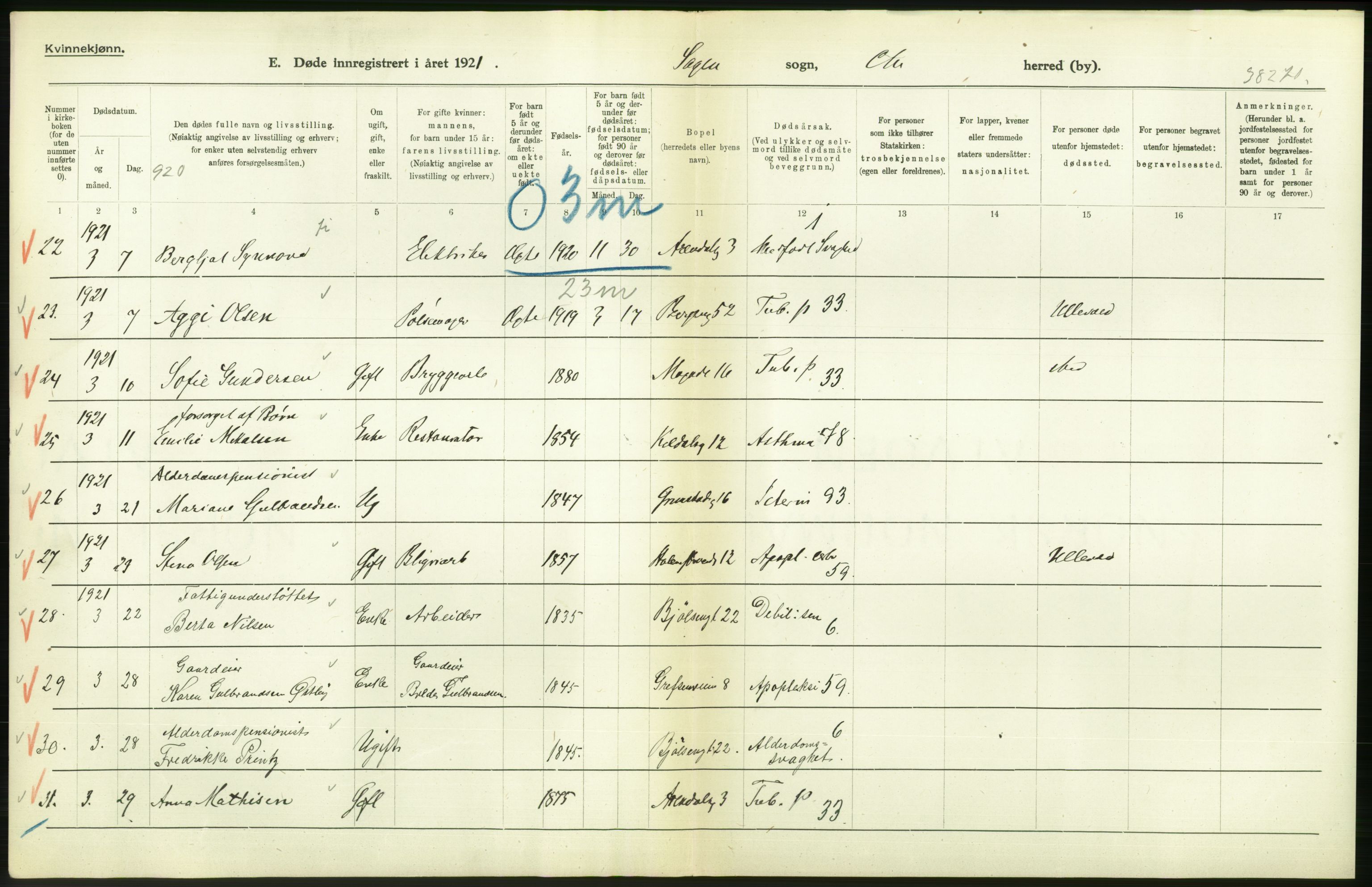 Statistisk sentralbyrå, Sosiodemografiske emner, Befolkning, RA/S-2228/D/Df/Dfc/Dfca/L0013: Kristiania: Døde, dødfødte, 1921, s. 46