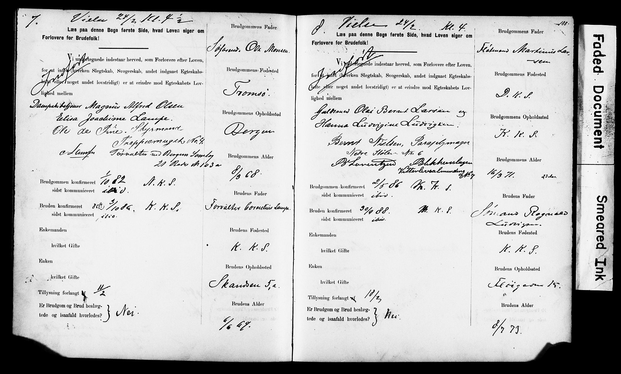 Korskirken sokneprestembete, SAB/A-76101: Forlovererklæringer nr. II.5.6, 1889-1898, s. 188