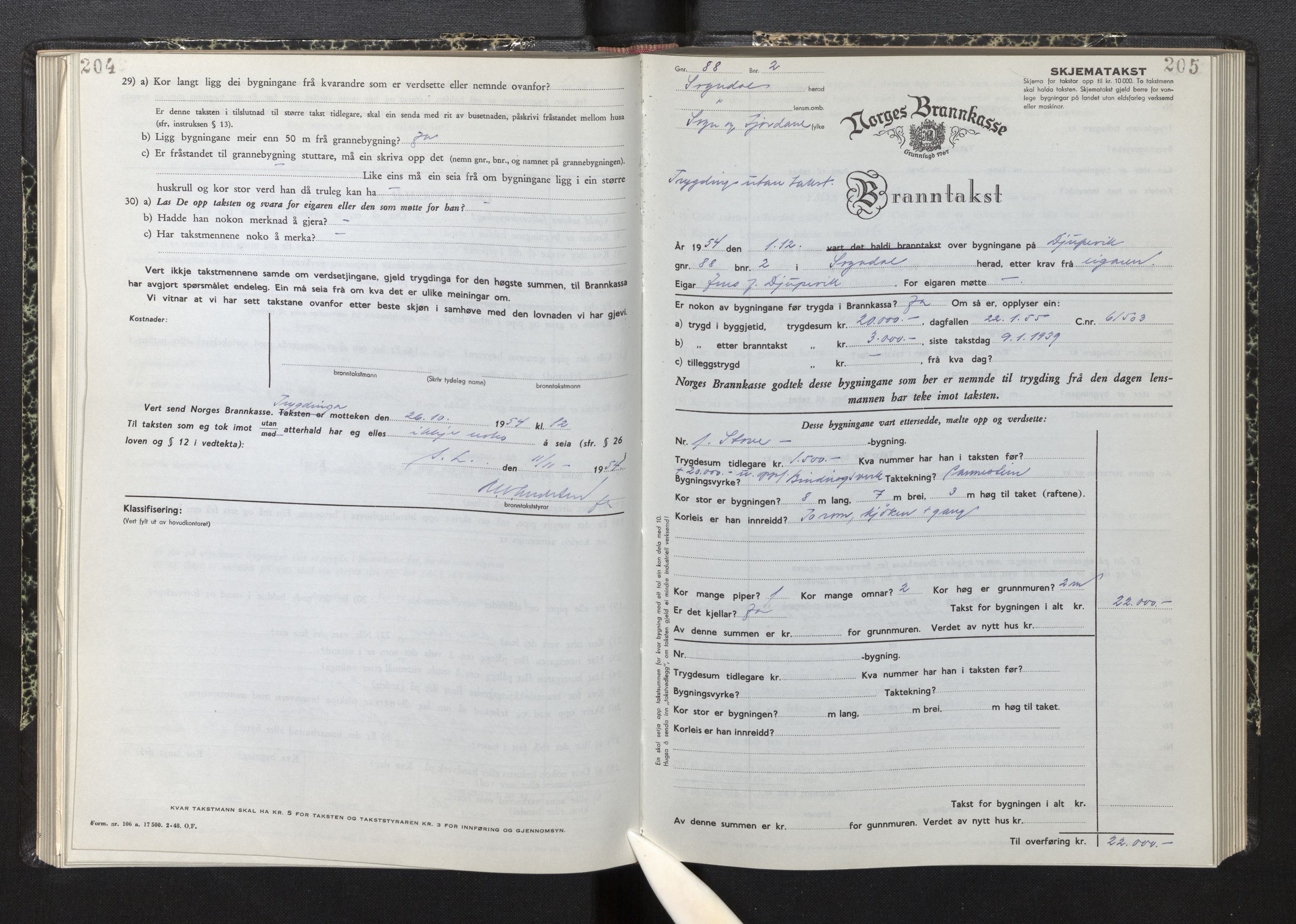 Lensmannen i Sogndal, AV/SAB-A-29901/0012/L0015: Branntakstprotokoll, skjematakst, 1950-1955, s. 204-205