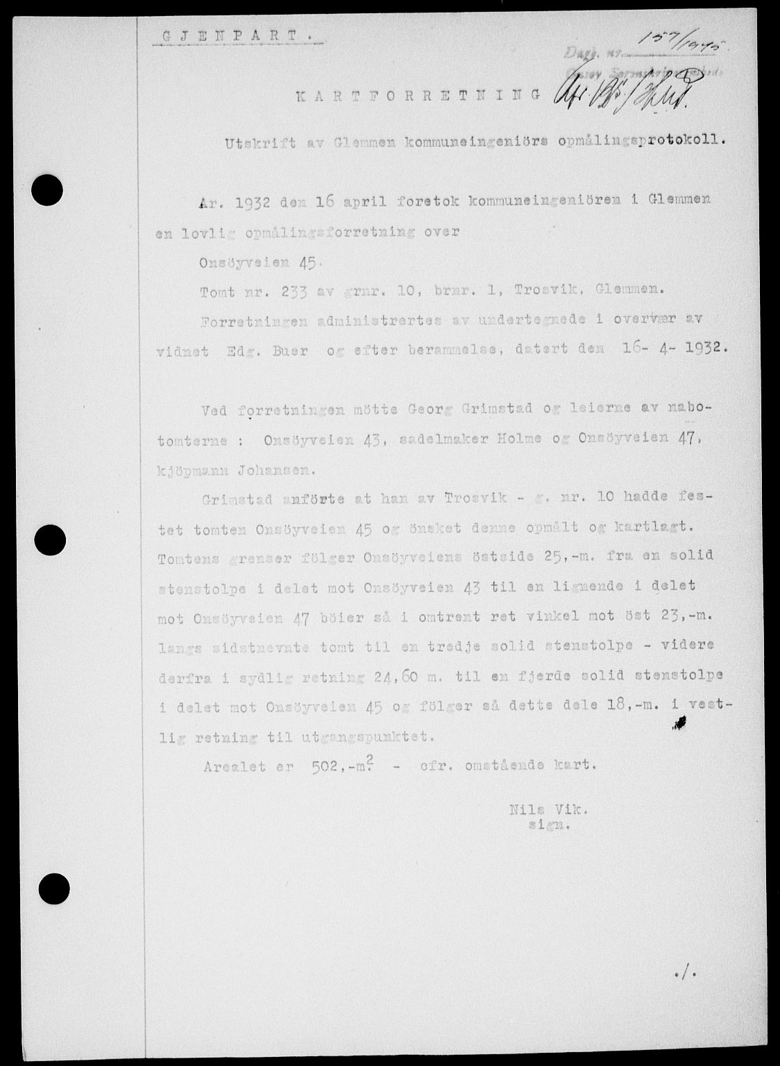 Onsøy sorenskriveri, SAO/A-10474/G/Ga/Gab/L0014: Pantebok nr. II A-14, 1944-1945, Dagboknr: 157/1945