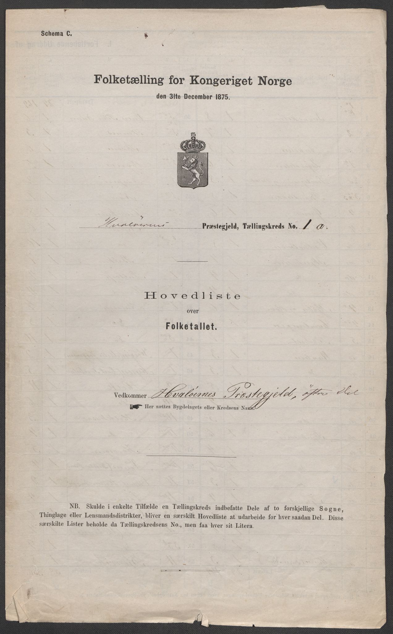RA, Folketelling 1875 for 0111P Hvaler prestegjeld, 1875, s. 1