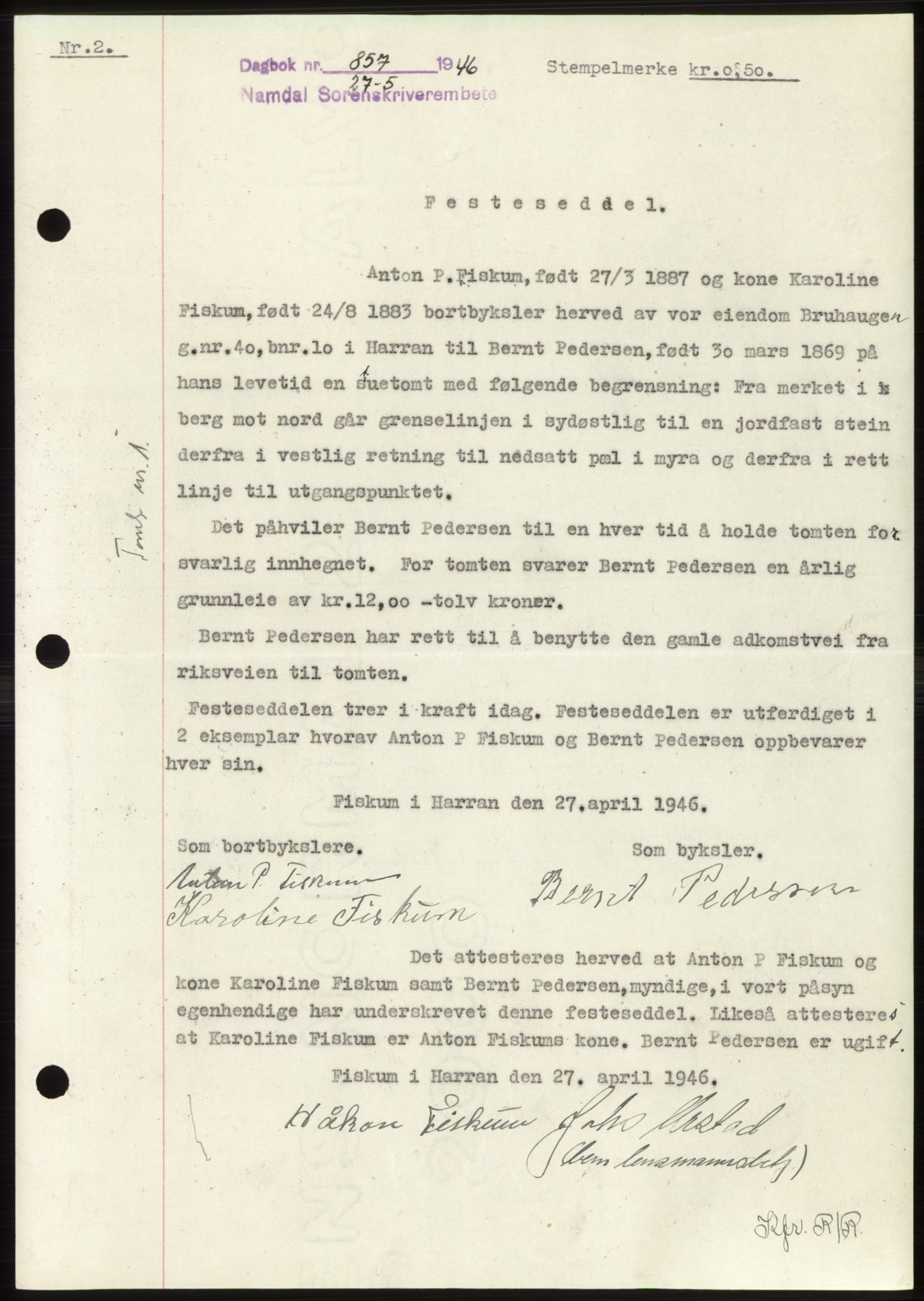 Namdal sorenskriveri, SAT/A-4133/1/2/2C: Pantebok nr. -, 1946-1946, Dagboknr: 857/1946