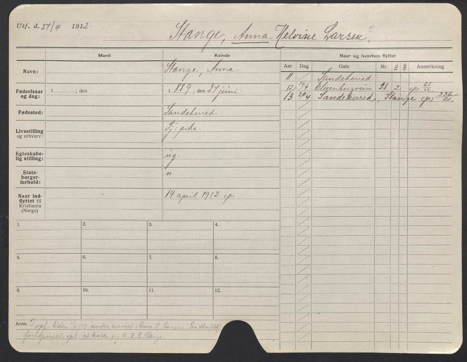 Oslo folkeregister, Registerkort, SAO/A-11715/F/Fa/Fac/L0024: Kvinner, 1906-1914, s. 199a