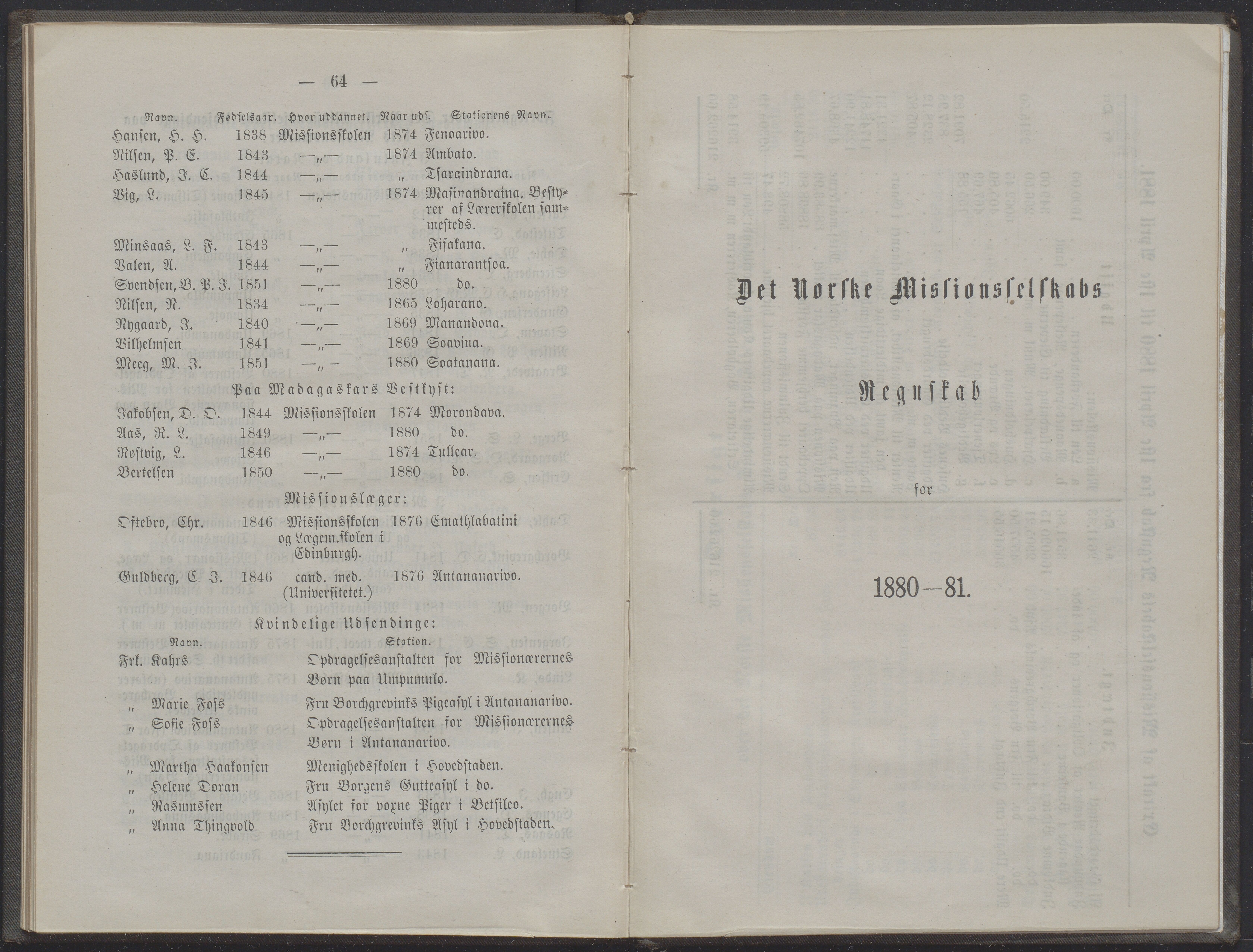 Det Norske Misjonsselskap - hovedadministrasjonen, VID/MA-A-1045/D/Db/Dba/L0338/0008: Beretninger, Bøker, Skrifter o.l   / Årsberetninger 39. , 1881, s. 64