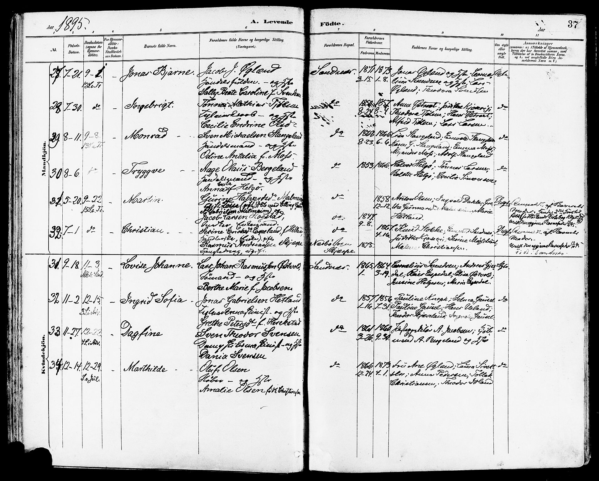 Høyland sokneprestkontor, AV/SAST-A-101799/001/30BA/L0014: Ministerialbok nr. A 12, 1890-1898, s. 37