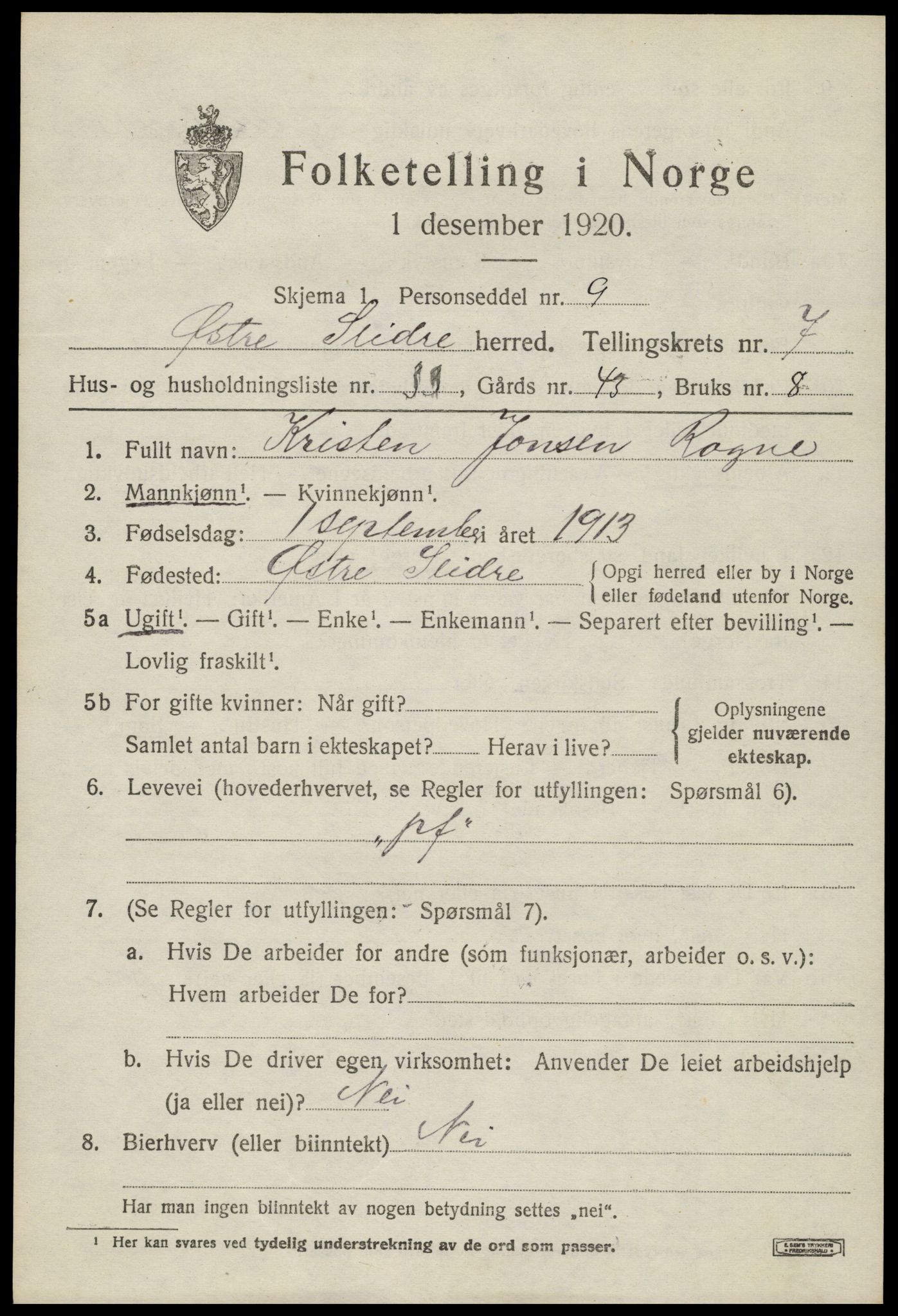 SAH, Folketelling 1920 for 0544 Øystre Slidre herred, 1920, s. 4379
