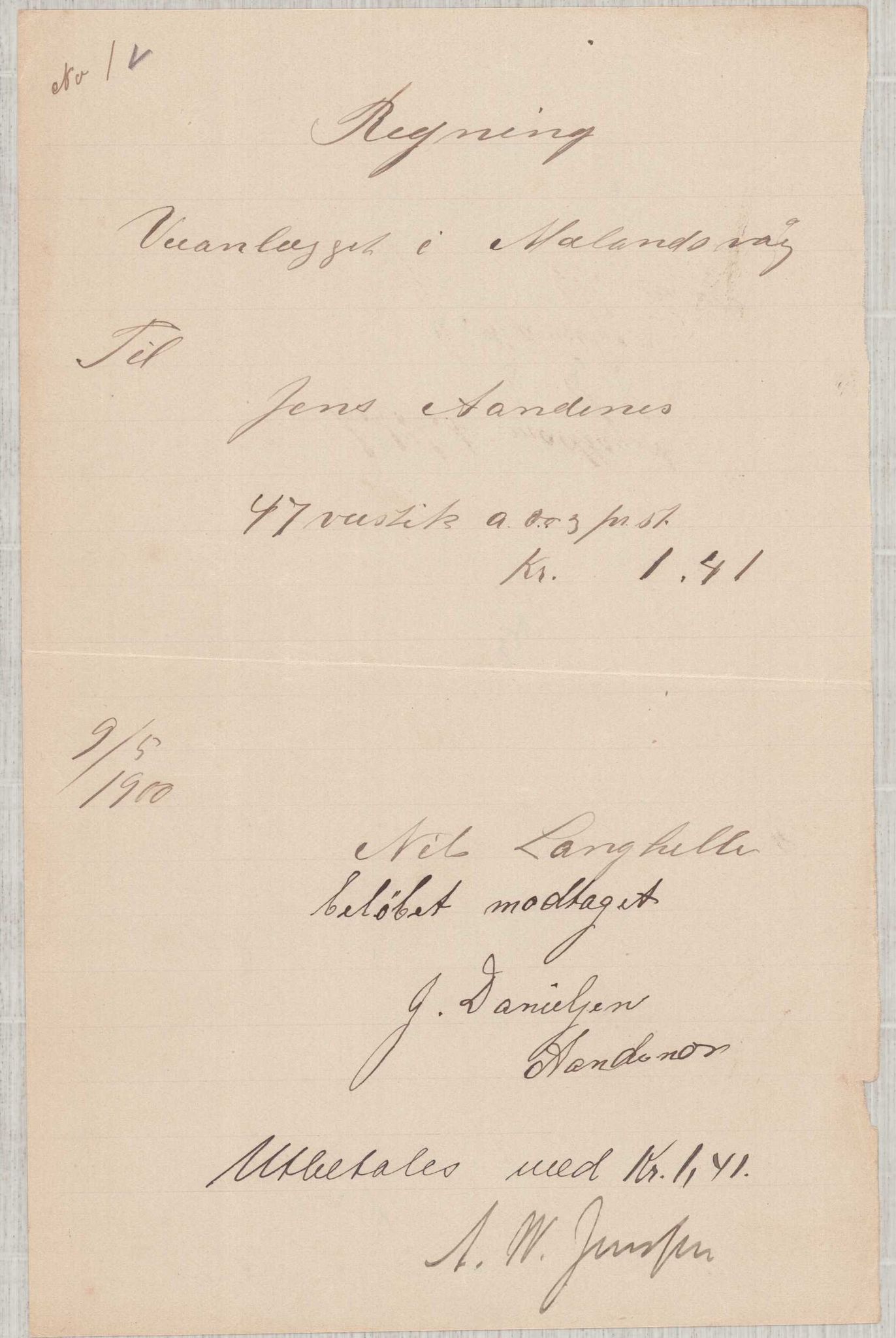 Finnaas kommune. Formannskapet, IKAH/1218a-021/E/Ea/L0002/0002: Rekneskap for veganlegg / Rekneskap for veganlegget Urangsvåg - Mælandsvåg, 1901-1903, s. 15