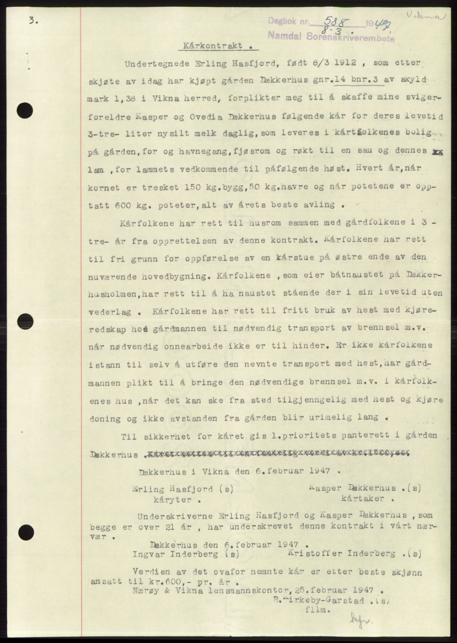 Namdal sorenskriveri, SAT/A-4133/1/2/2C: Pantebok nr. -, 1946-1947, Dagboknr: 588/1947