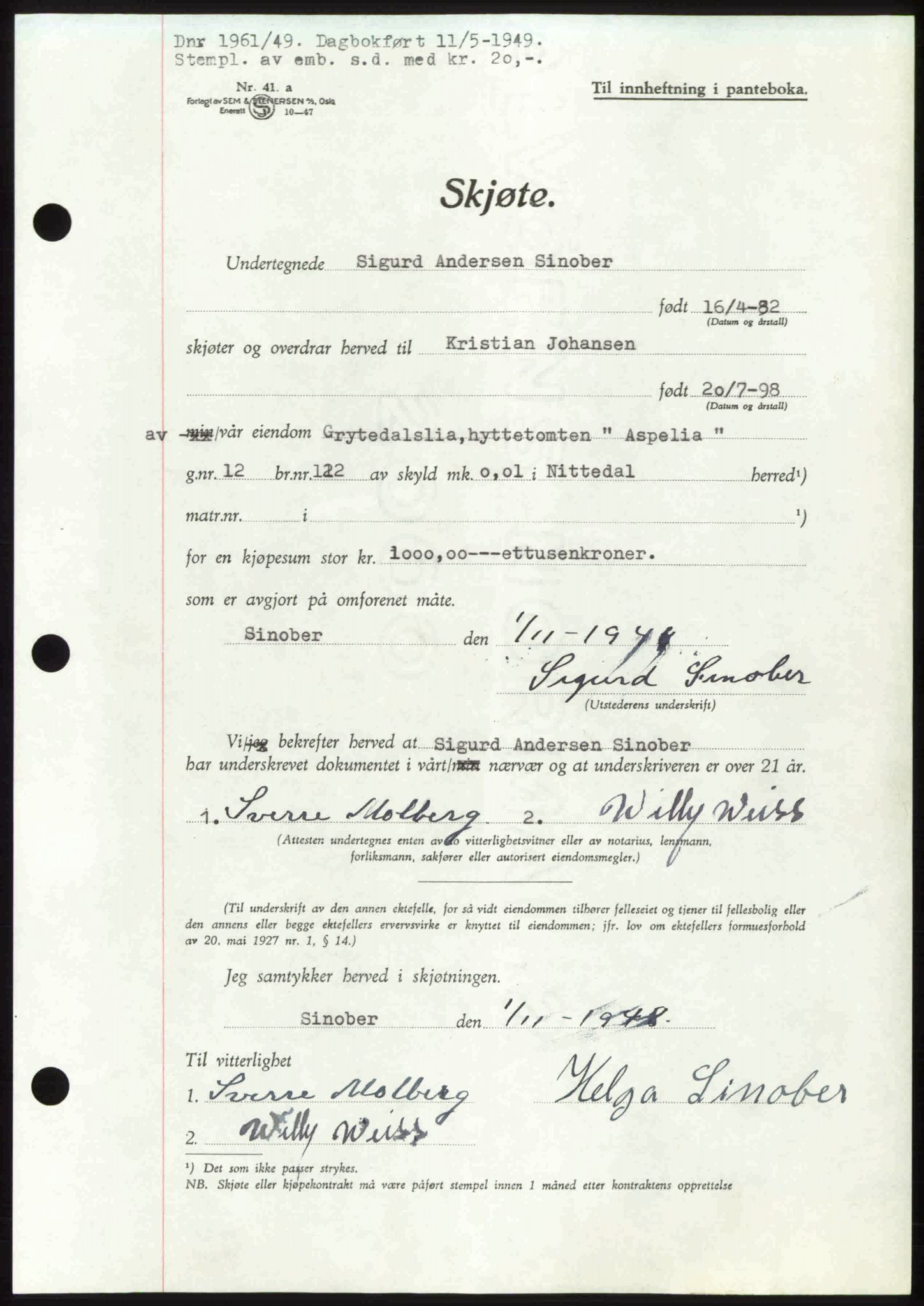 Nedre Romerike sorenskriveri, SAO/A-10469/G/Gb/Gbd/L0025: Pantebok nr. 25, 1949-1949, Dagboknr: 1961/1949