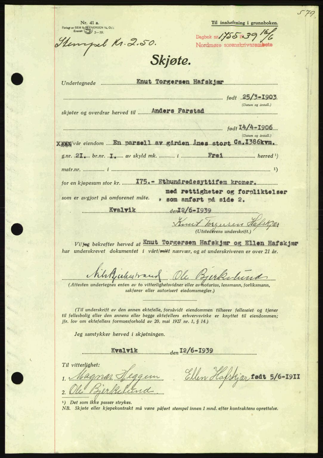 Nordmøre sorenskriveri, AV/SAT-A-4132/1/2/2Ca: Pantebok nr. A86, 1939-1939, Dagboknr: 1755/1939