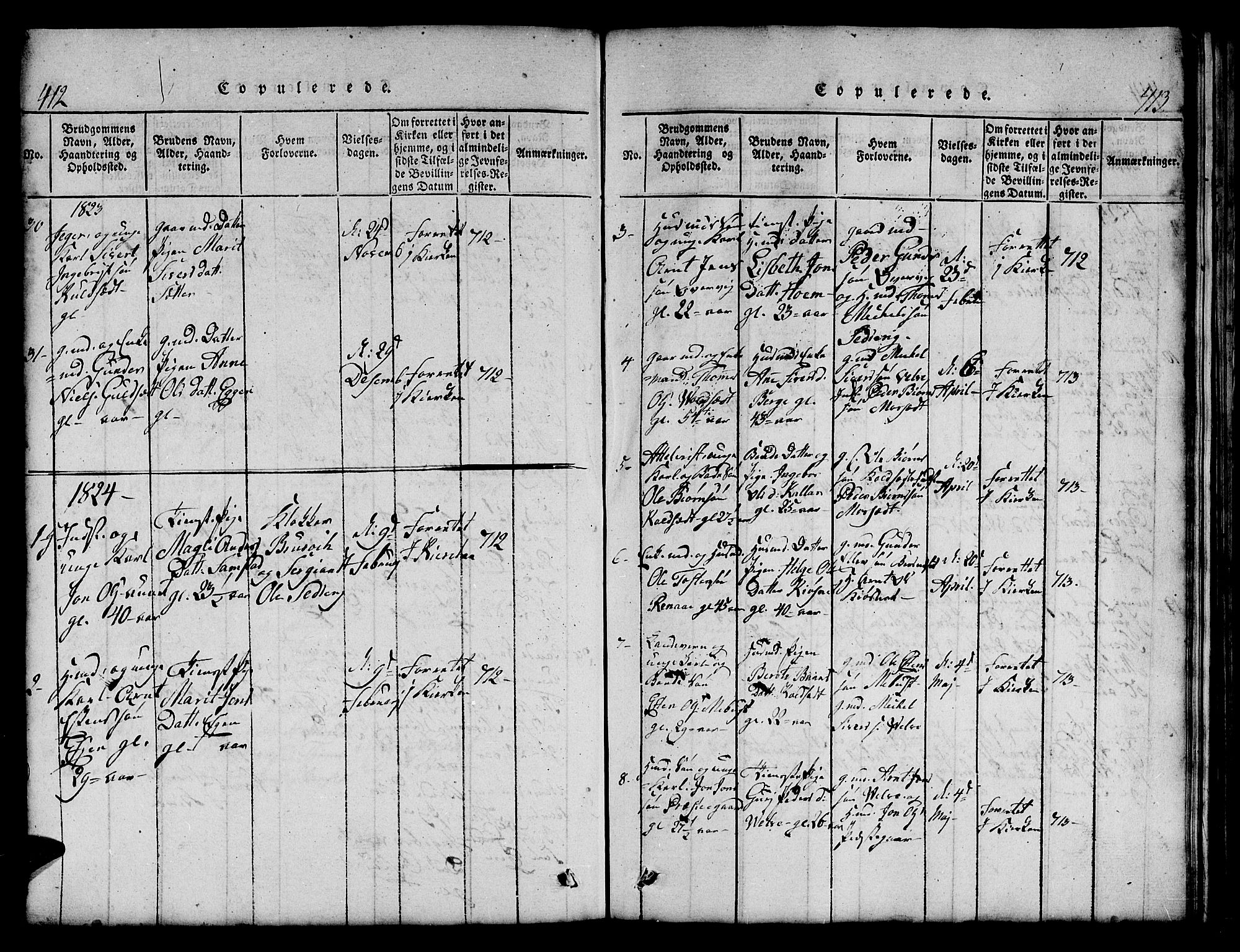 Ministerialprotokoller, klokkerbøker og fødselsregistre - Sør-Trøndelag, AV/SAT-A-1456/695/L1152: Klokkerbok nr. 695C03, 1816-1831, s. 412-413