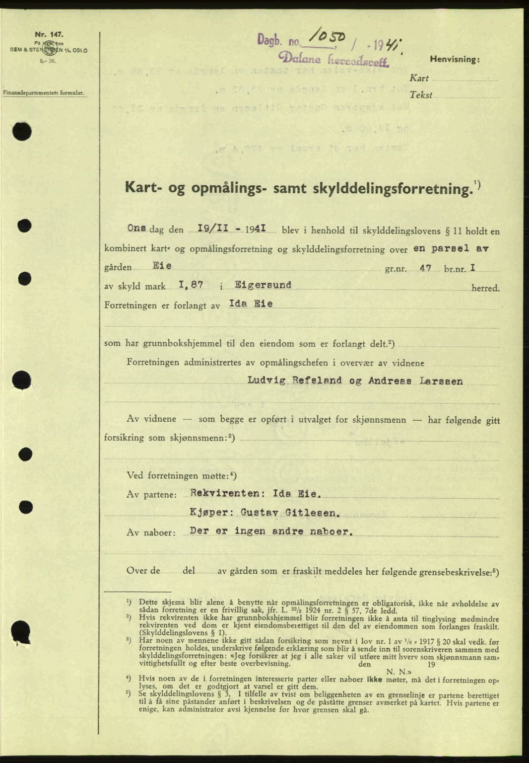 Dalane sorenskriveri, SAST/A-100309/02/G/Gb/L0045: Pantebok nr. A6, 1941-1942, Dagboknr: 1050/1941