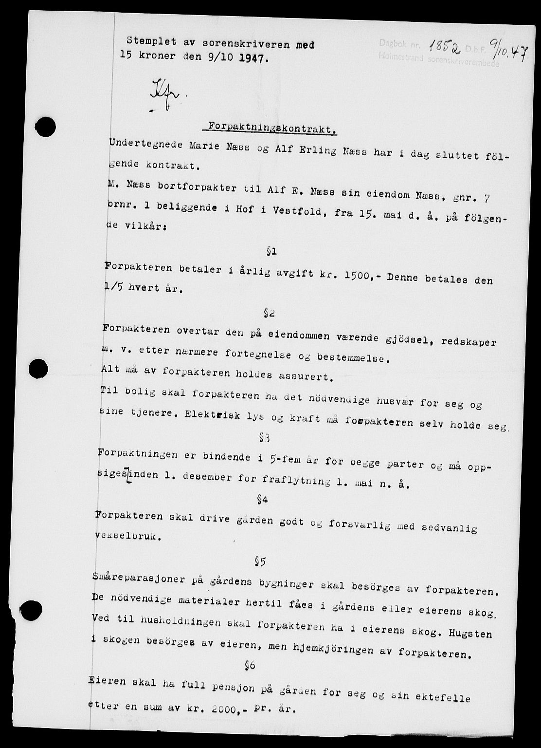 Holmestrand sorenskriveri, SAKO/A-67/G/Ga/Gaa/L0062: Pantebok nr. A-62, 1947-1947, Dagboknr: 1852/1947