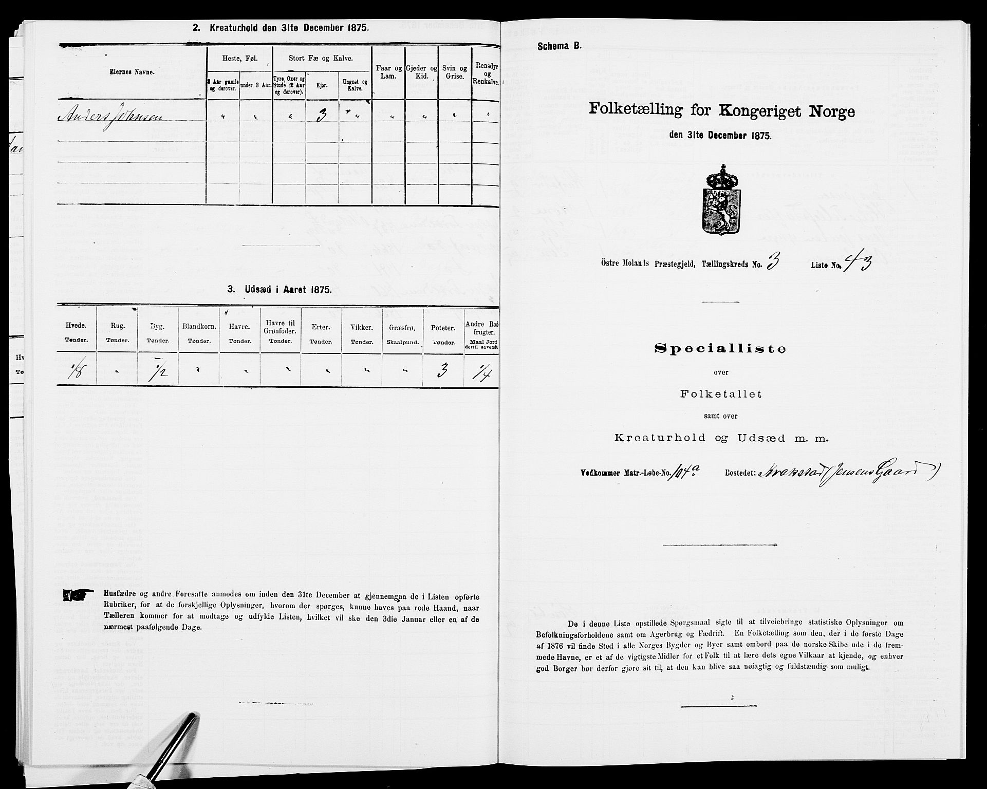 SAK, Folketelling 1875 for 0918P Austre Moland prestegjeld, 1875, s. 3128