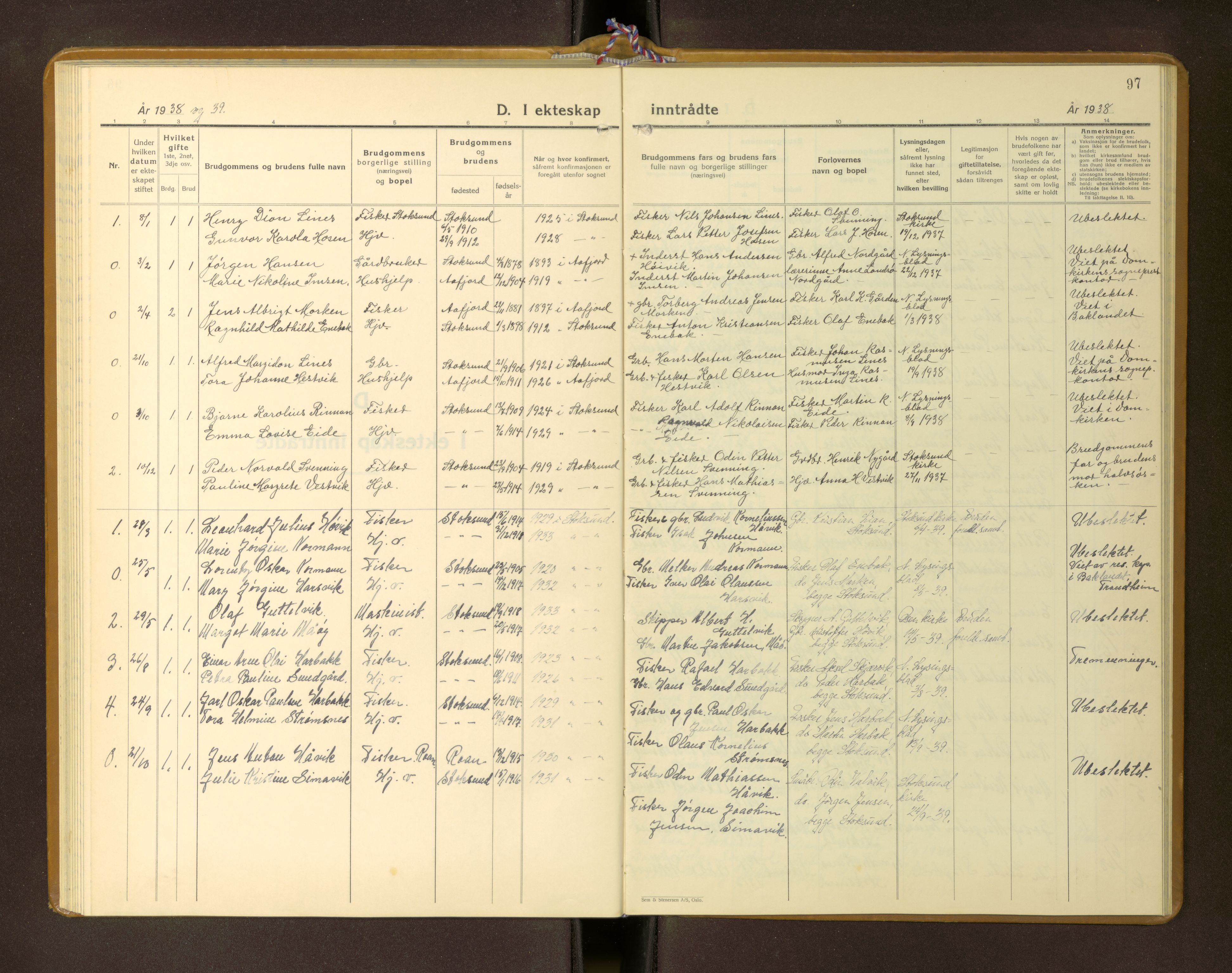 Ministerialprotokoller, klokkerbøker og fødselsregistre - Sør-Trøndelag, AV/SAT-A-1456/656/L0697: Klokkerbok nr. 656---, 1938-1956, s. 97