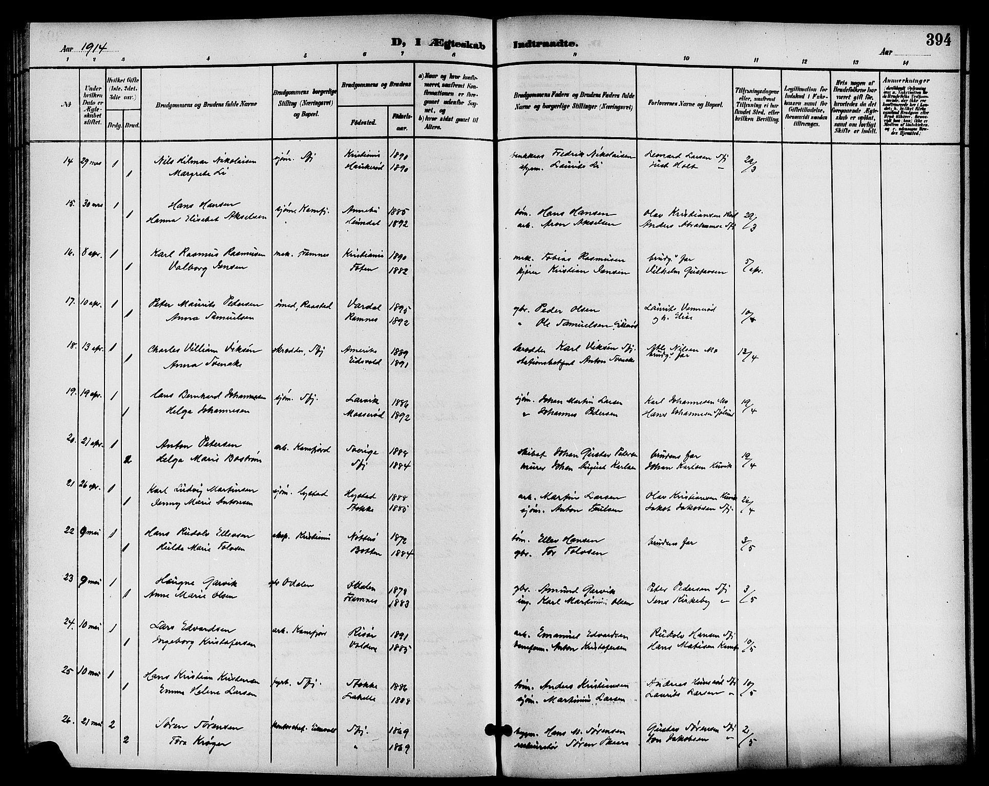 Sandar kirkebøker, SAKO/A-243/G/Ga/L0002: Klokkerbok nr. 2, 1900-1915, s. 394