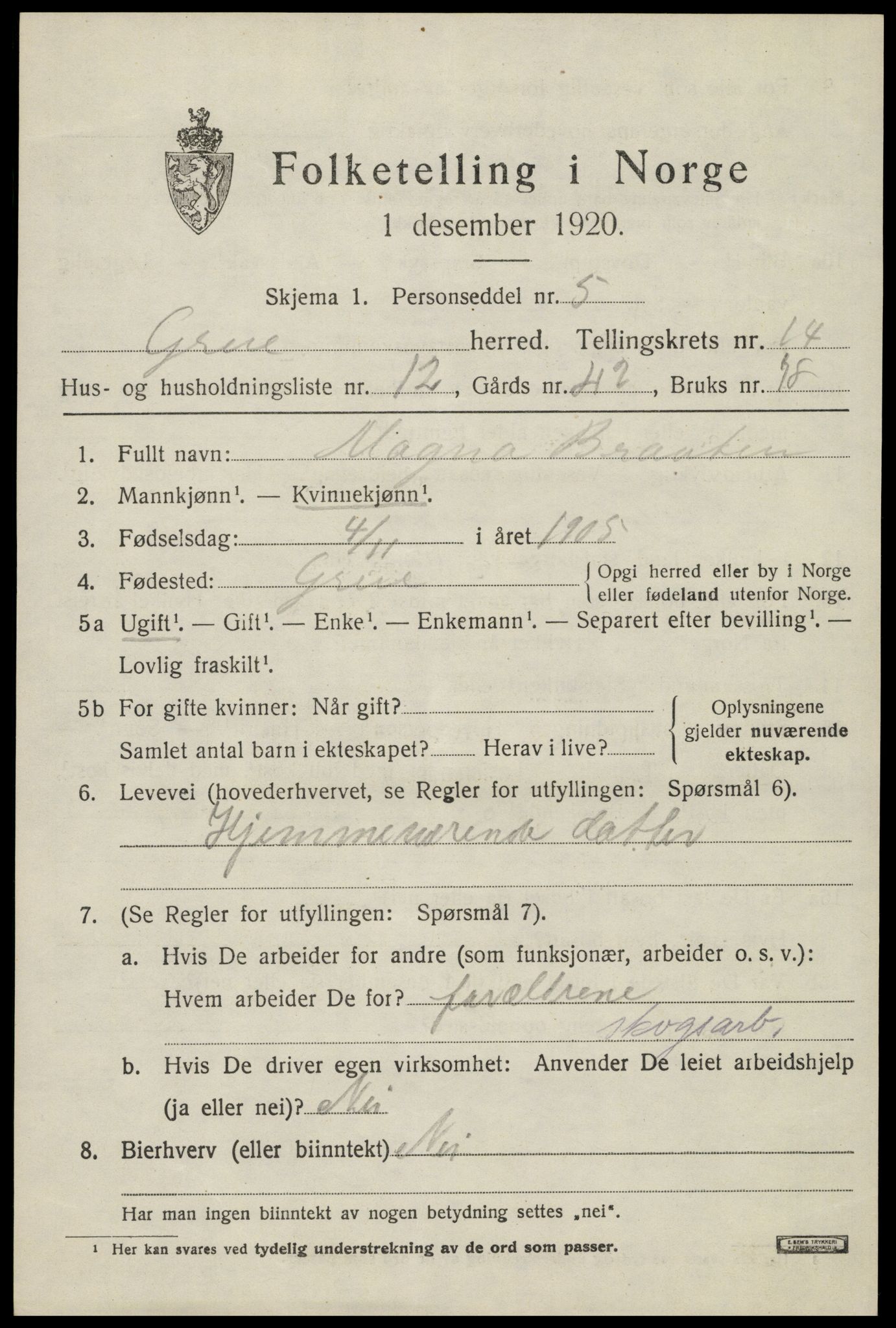 SAH, Folketelling 1920 for 0423 Grue herred, 1920, s. 13047