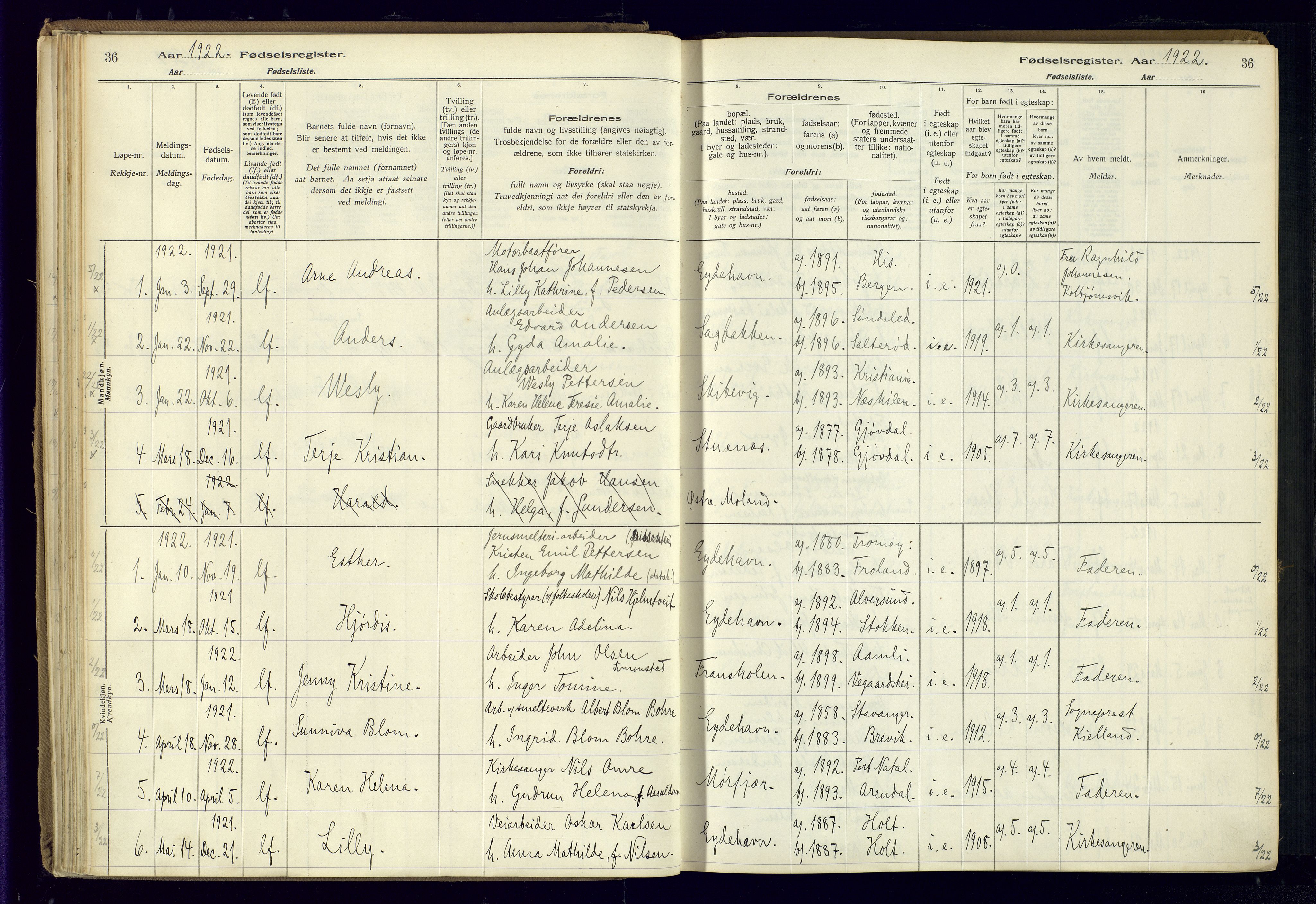 Austre Moland sokneprestkontor, AV/SAK-1111-0001/J/Ja/L0003: Fødselsregister nr. A-VI-27, 1916-1950, s. 36