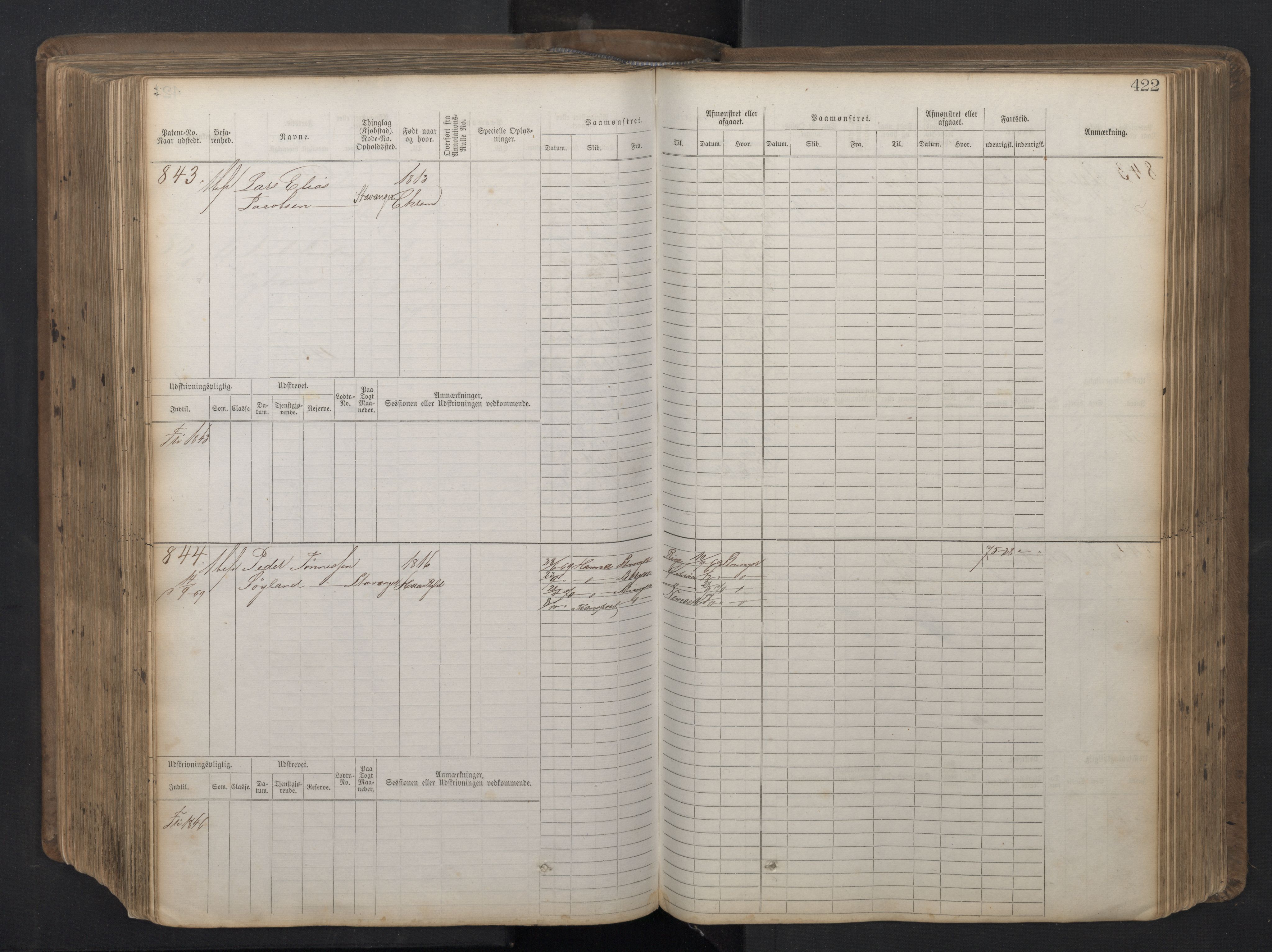 Stavanger sjømannskontor, AV/SAST-A-102006/F/Fb/Fbb/L0016: Sjøfartshovedrulle patnentnr. 1-1202 (dublett), 1869, s. 422