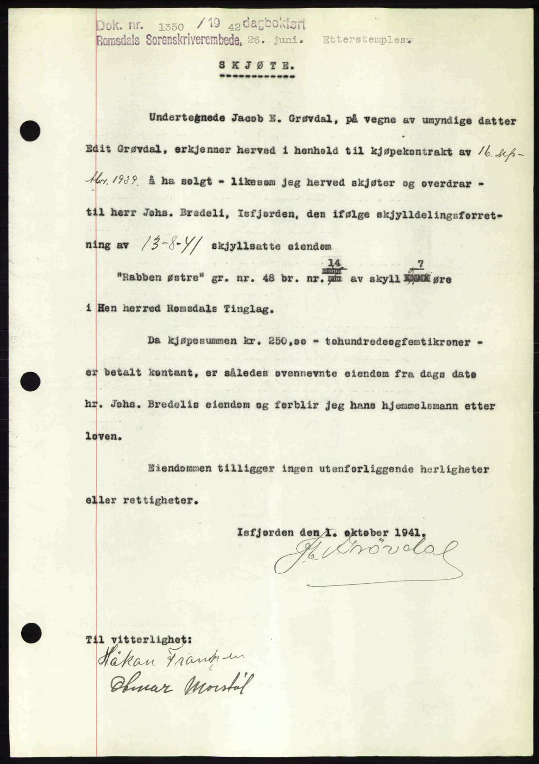 Romsdal sorenskriveri, SAT/A-4149/1/2/2C: Pantebok nr. A12, 1942-1942, Dagboknr: 1350/1942