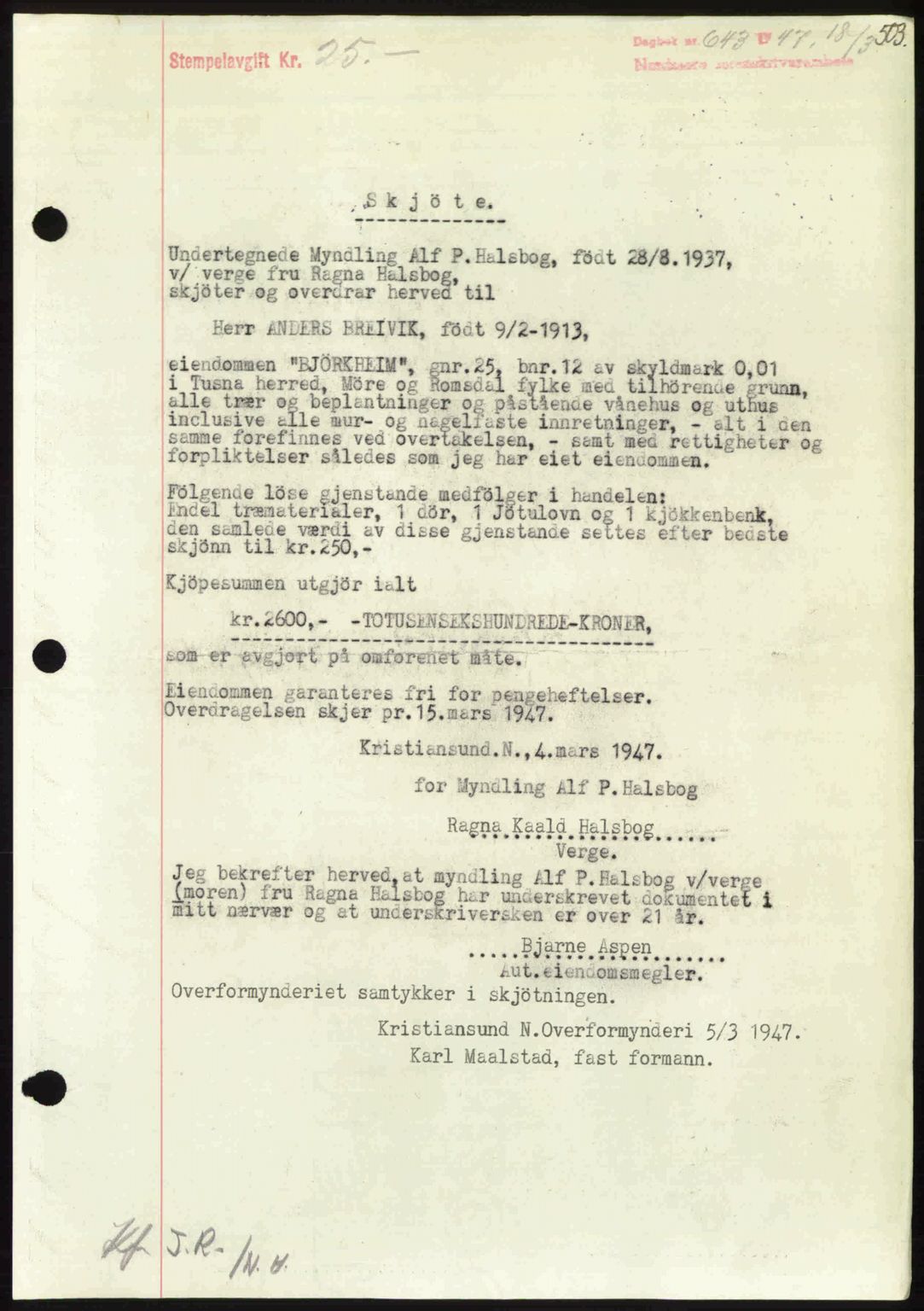Nordmøre sorenskriveri, SAT/A-4132/1/2/2Ca: Pantebok nr. A104, 1947-1947, Dagboknr: 643/1947