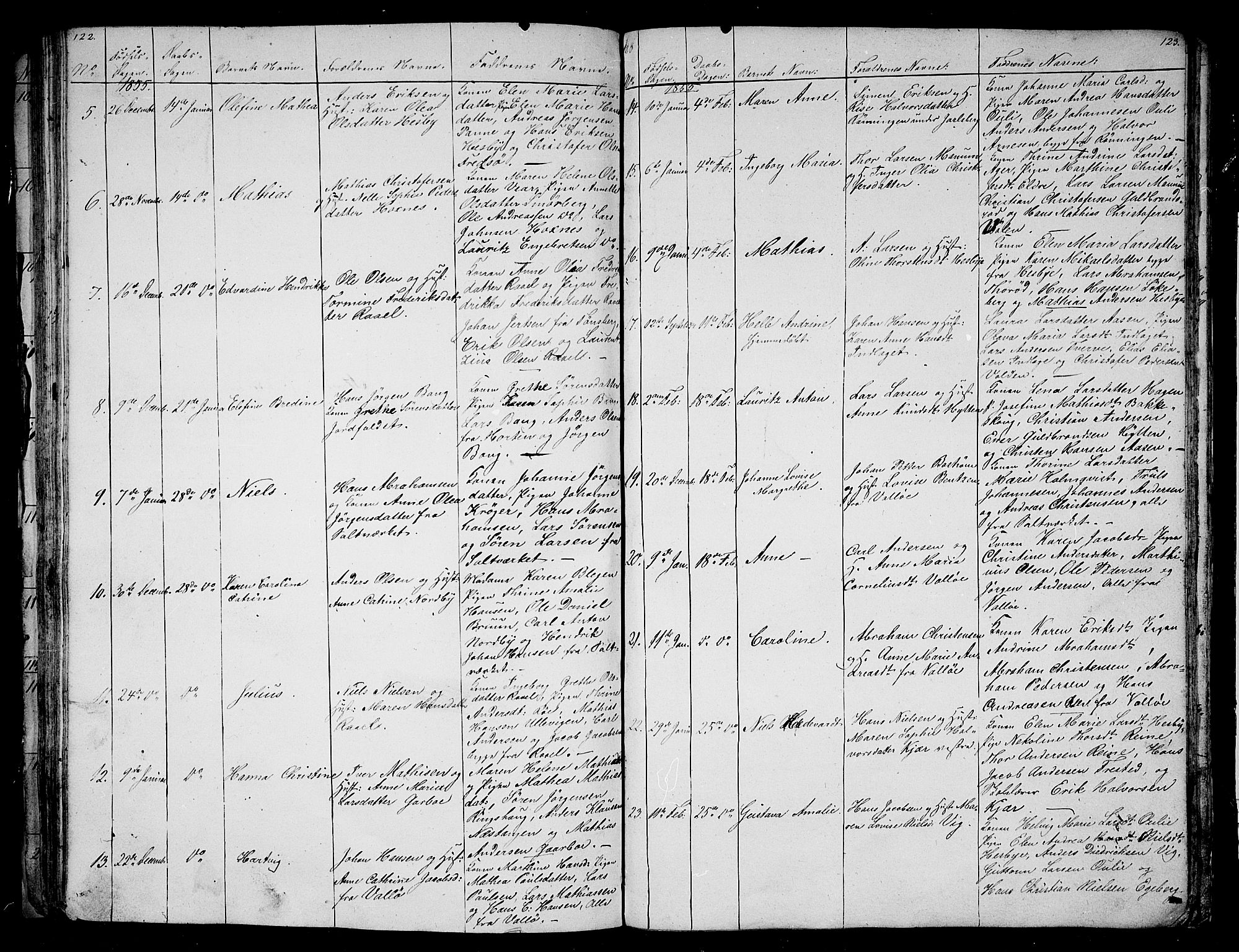 Sem kirkebøker, AV/SAKO-A-5/G/Ga/L0003: Klokkerbok nr. I 3, 1844-1855, s. 122-123