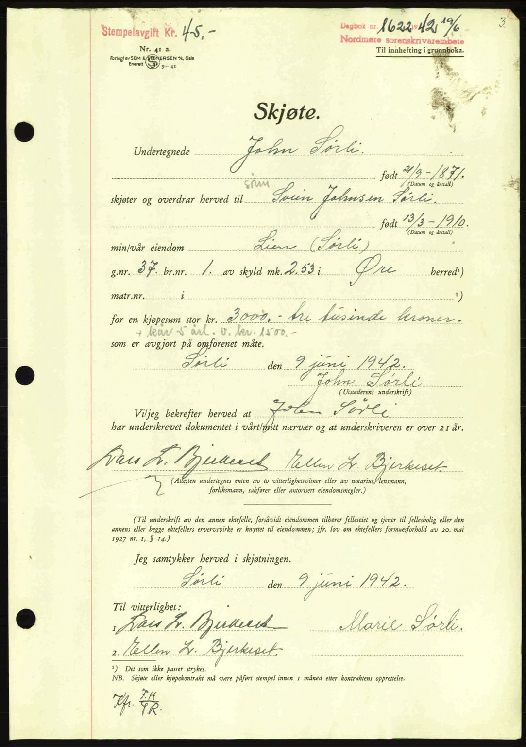 Nordmøre sorenskriveri, AV/SAT-A-4132/1/2/2Ca: Pantebok nr. A93, 1942-1942, Dagboknr: 1622/1942