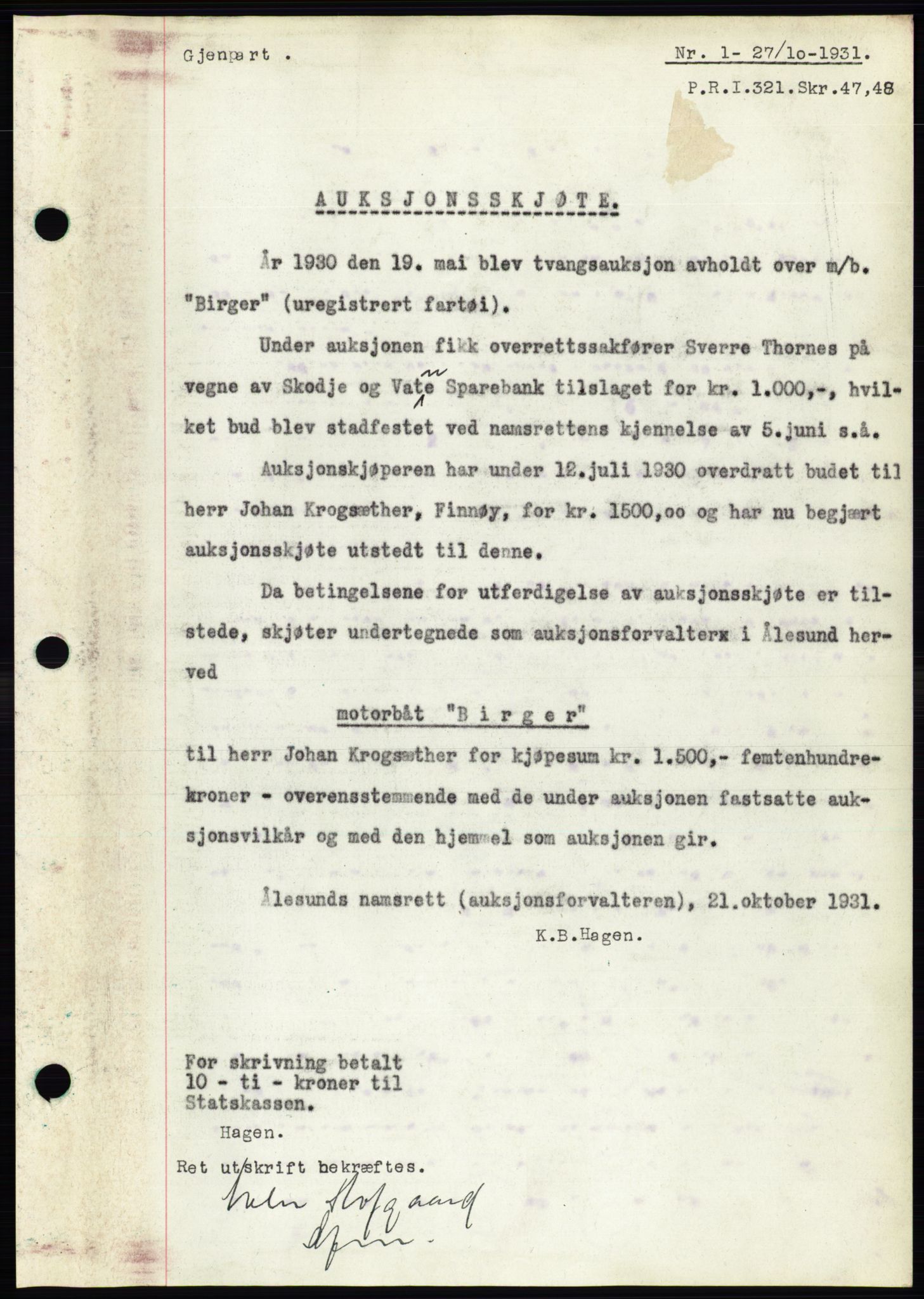 Ålesund byfogd, SAT/A-4384: Pantebok nr. 29, 1931-1932, Tingl.dato: 27.10.1931