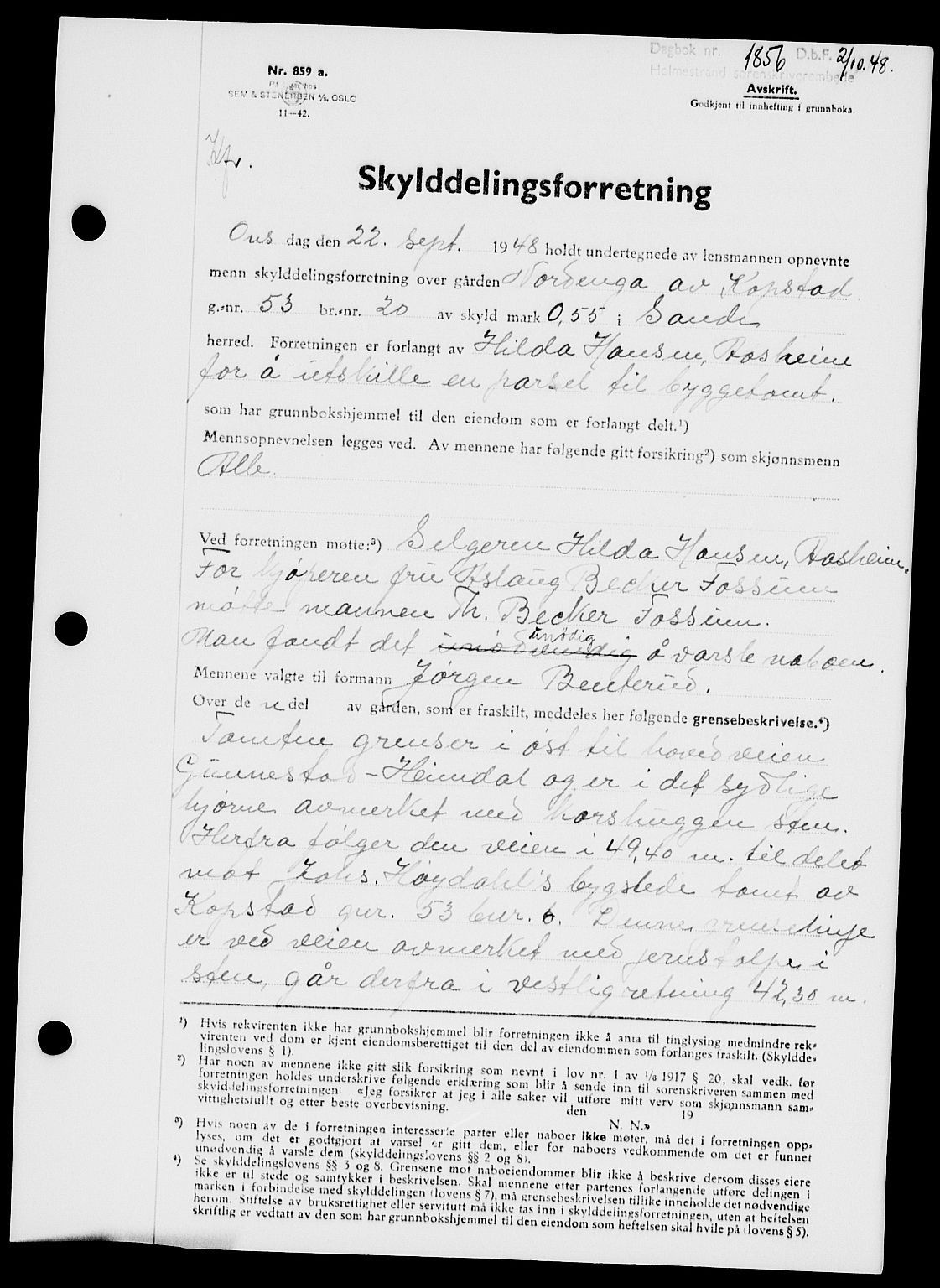 Holmestrand sorenskriveri, SAKO/A-67/G/Ga/Gaa/L0065: Pantebok nr. A-65, 1948-1949, Dagboknr: 1856/1948