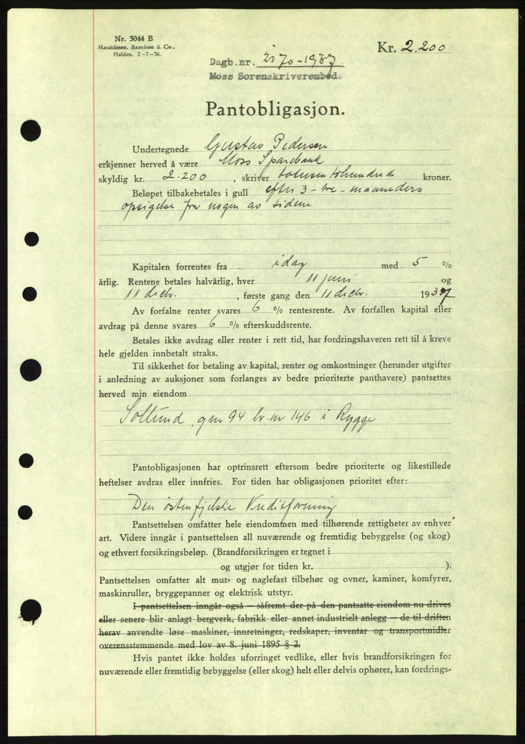 Moss sorenskriveri, SAO/A-10168: Pantebok nr. B4, 1937-1938, Dagboknr: 2170/1937