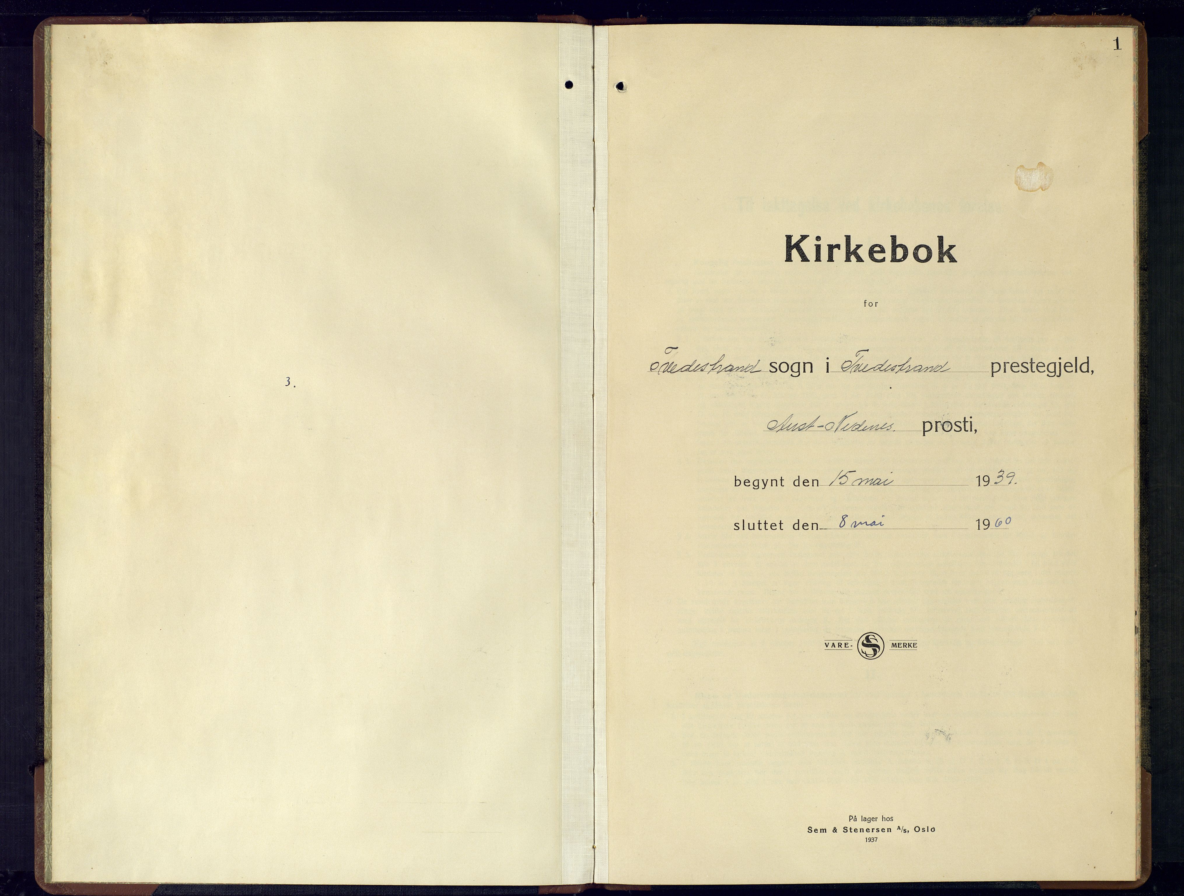Tvedestrand sokneprestkontor, SAK/1111-0042/F/Fb/L0002: Klokkerbok nr. B-2, 1939-1960, s. 1