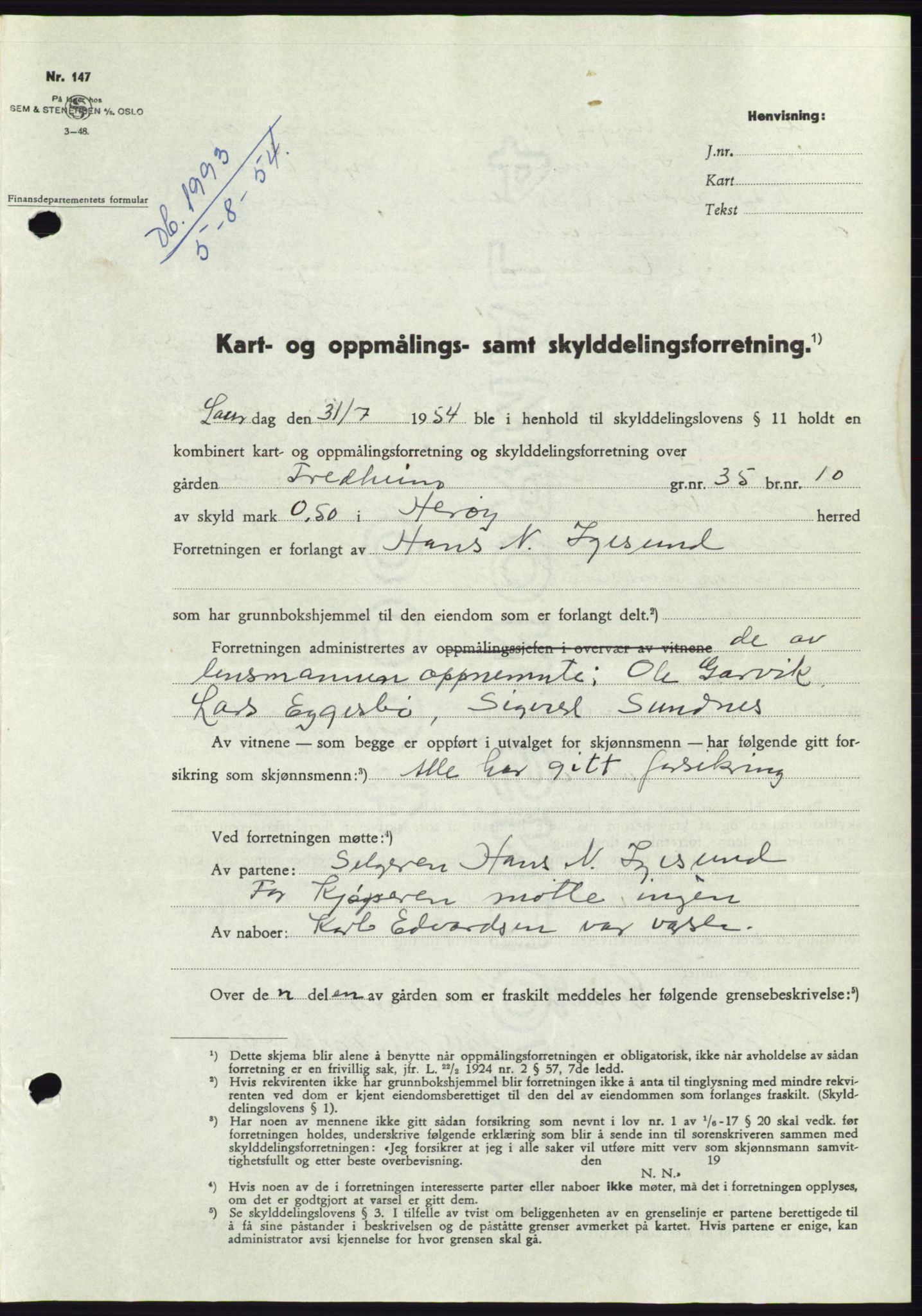 Søre Sunnmøre sorenskriveri, SAT/A-4122/1/2/2C/L0098: Pantebok nr. 24A, 1954-1954, Dagboknr: 1993/1954