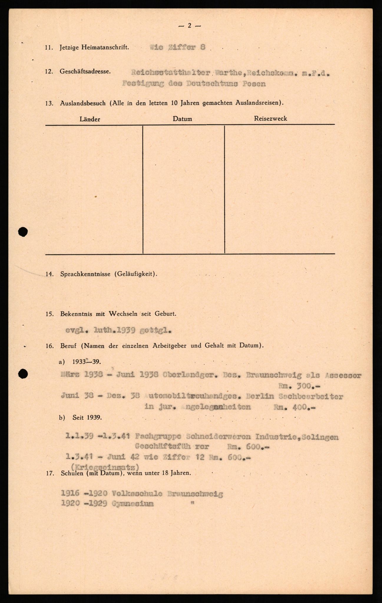 Forsvaret, Forsvarets overkommando II, RA/RAFA-3915/D/Db/L0029: CI Questionaires. Tyske okkupasjonsstyrker i Norge. Tyskere., 1945-1946, s. 422