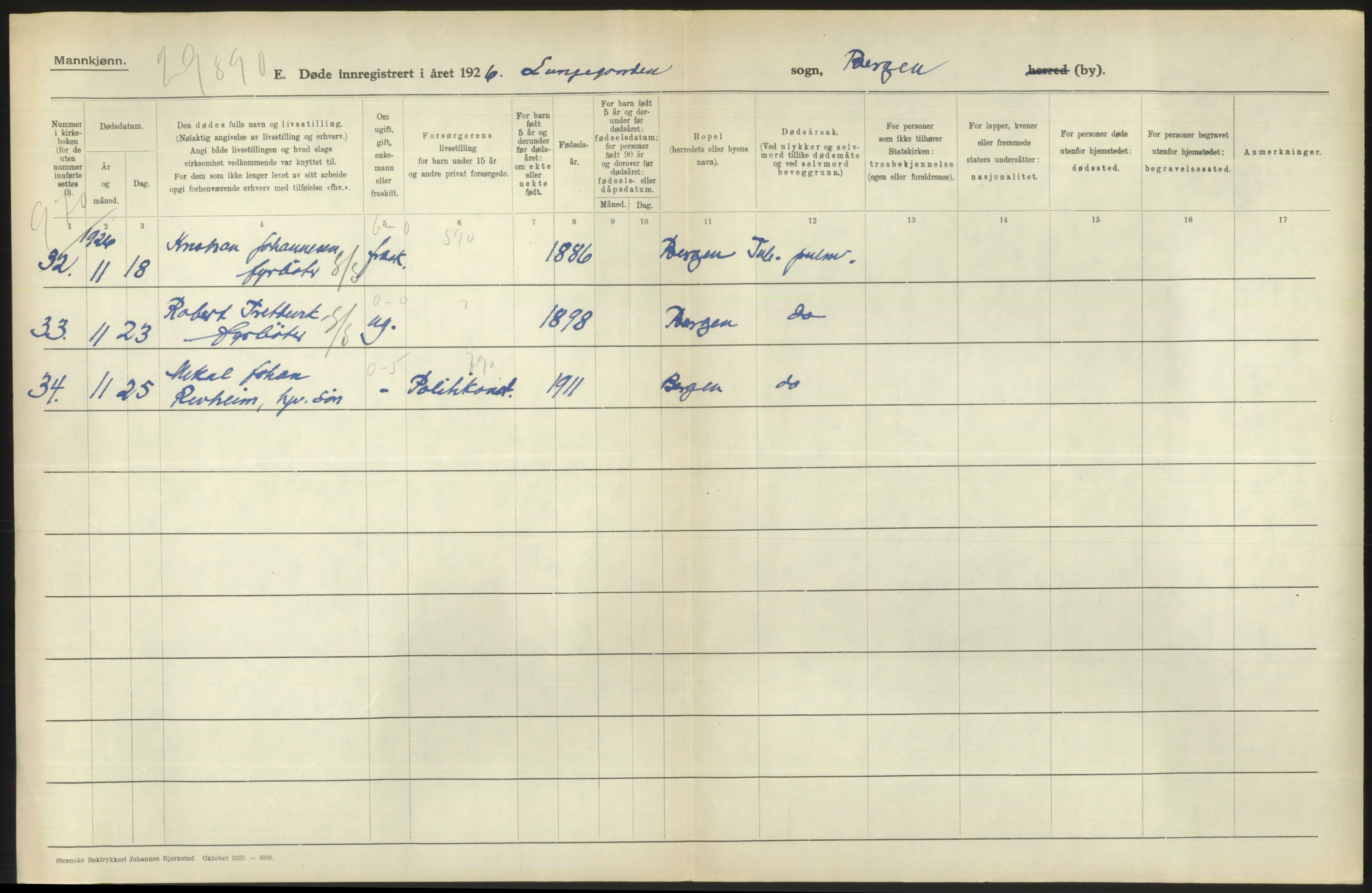 Statistisk sentralbyrå, Sosiodemografiske emner, Befolkning, RA/S-2228/D/Df/Dfc/Dfcf/L0028: Bergen: Gifte, døde, dødfødte., 1926, s. 784