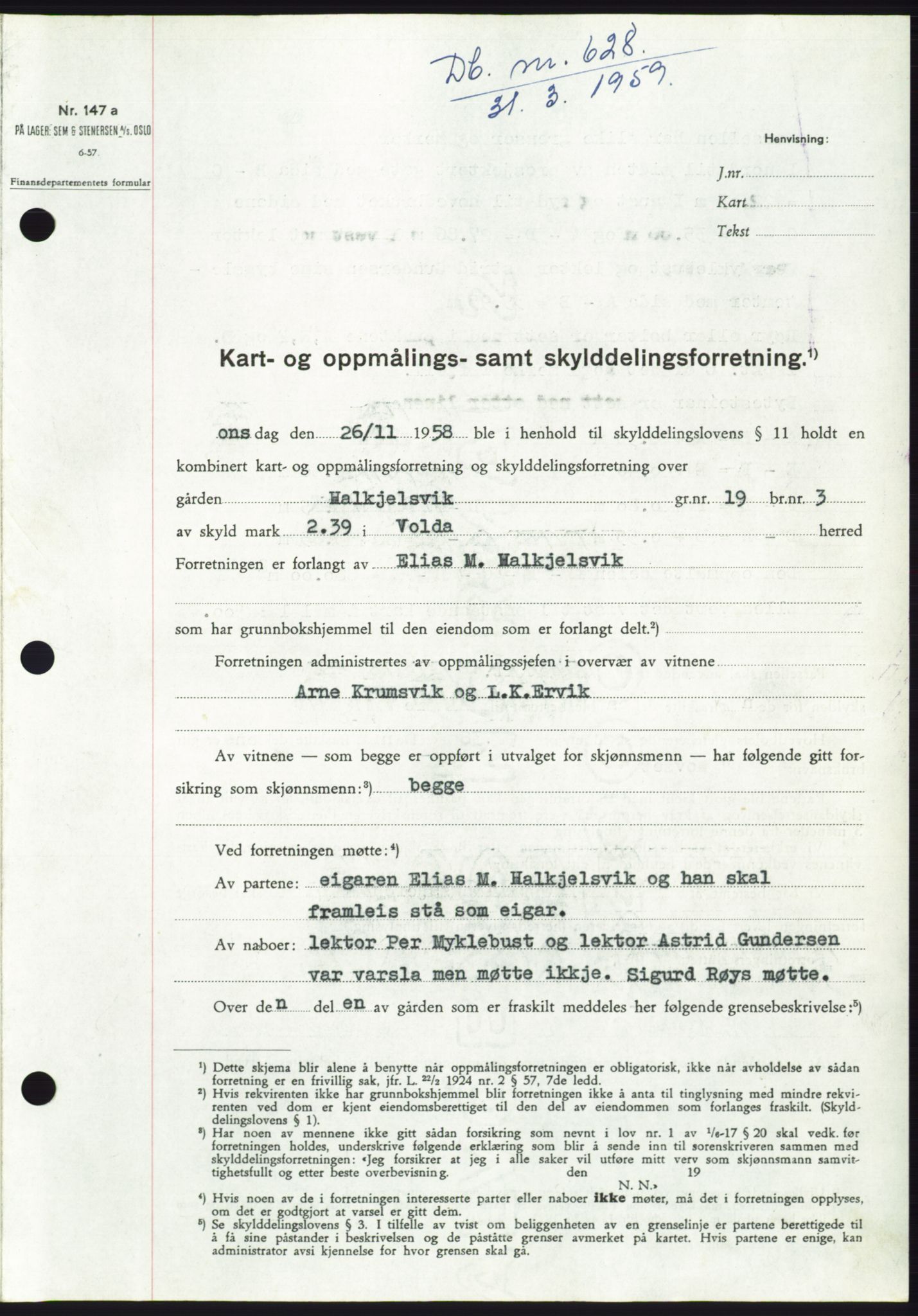 Søre Sunnmøre sorenskriveri, SAT/A-4122/1/2/2C/L0112: Pantebok nr. 38A, 1959-1959, Dagboknr: 628/1959