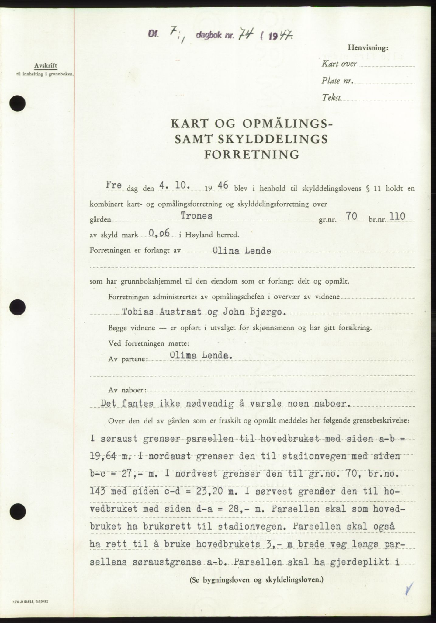 Jæren sorenskriveri, SAST/A-100310/03/G/Gba/L0093: Pantebok, 1947-1947, Dagboknr: 74/1947