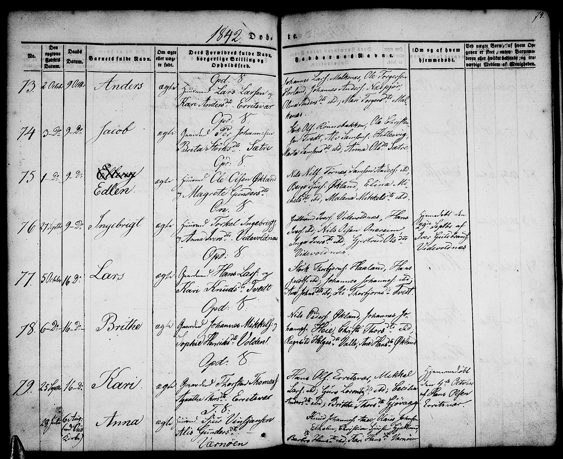 Tysnes sokneprestembete, AV/SAB-A-78601/H/Haa: Ministerialbok nr. A 9, 1837-1848, s. 74