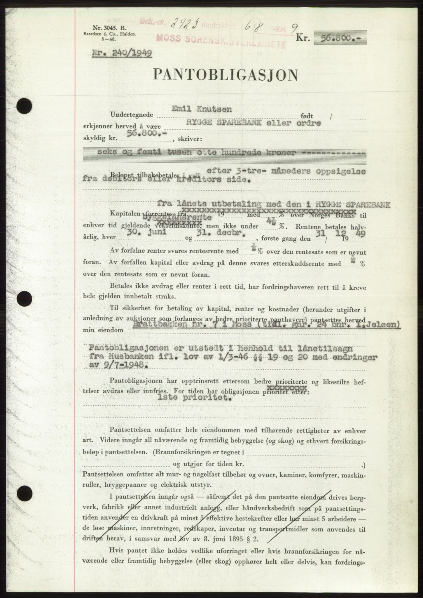 Moss sorenskriveri, SAO/A-10168: Pantebok nr. B22, 1949-1949, Dagboknr: 2423/1949
