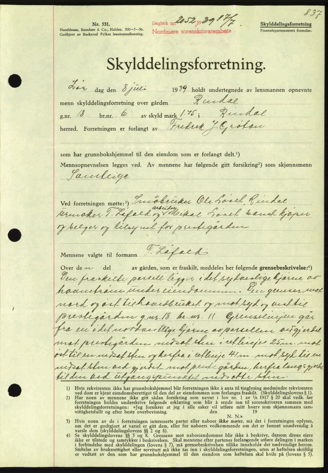 Nordmøre sorenskriveri, AV/SAT-A-4132/1/2/2Ca: Pantebok nr. A86, 1939-1939, Dagboknr: 2052/1939