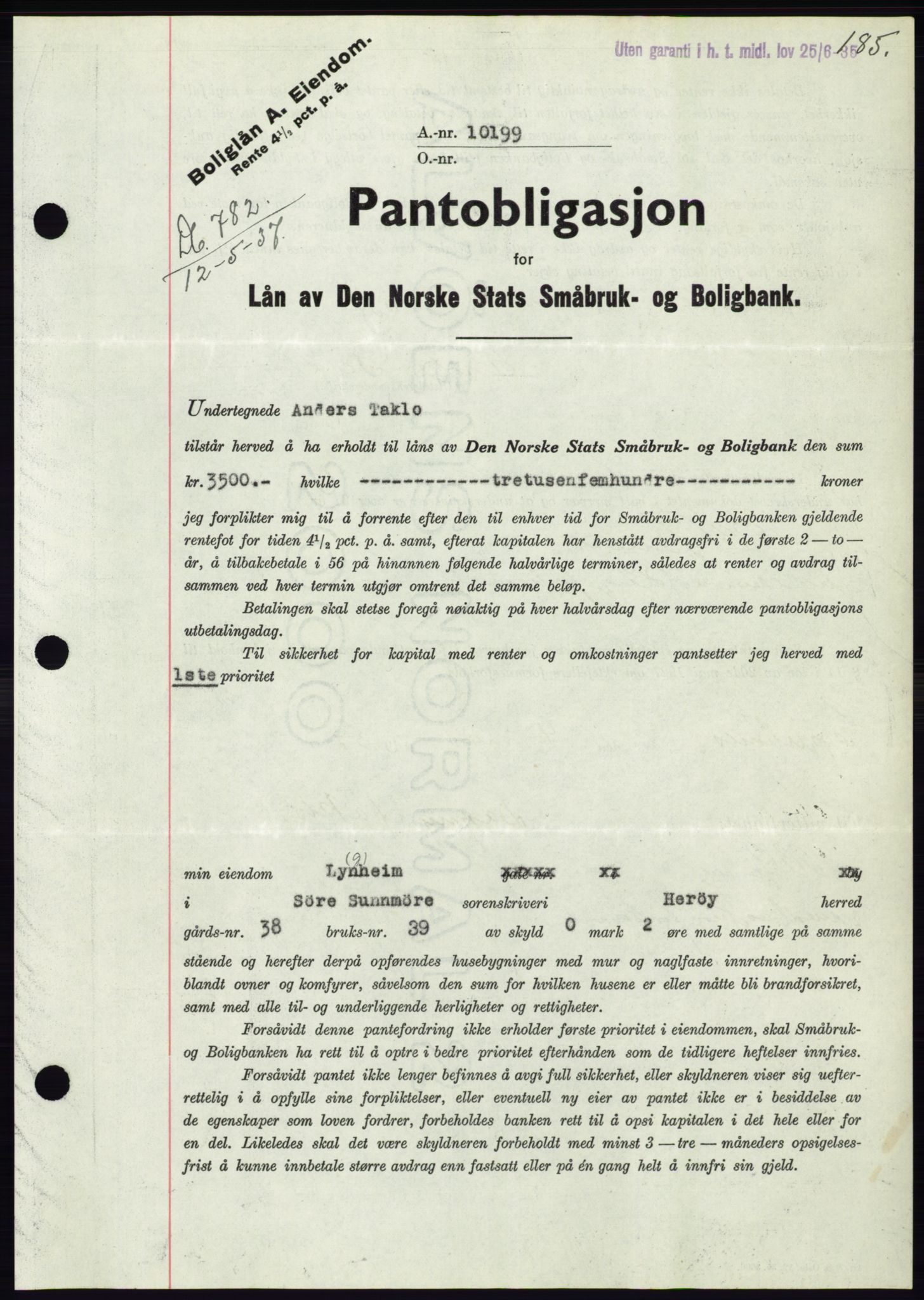 Søre Sunnmøre sorenskriveri, AV/SAT-A-4122/1/2/2C/L0063: Pantebok nr. 57, 1937-1937, Dagboknr: 782/1937