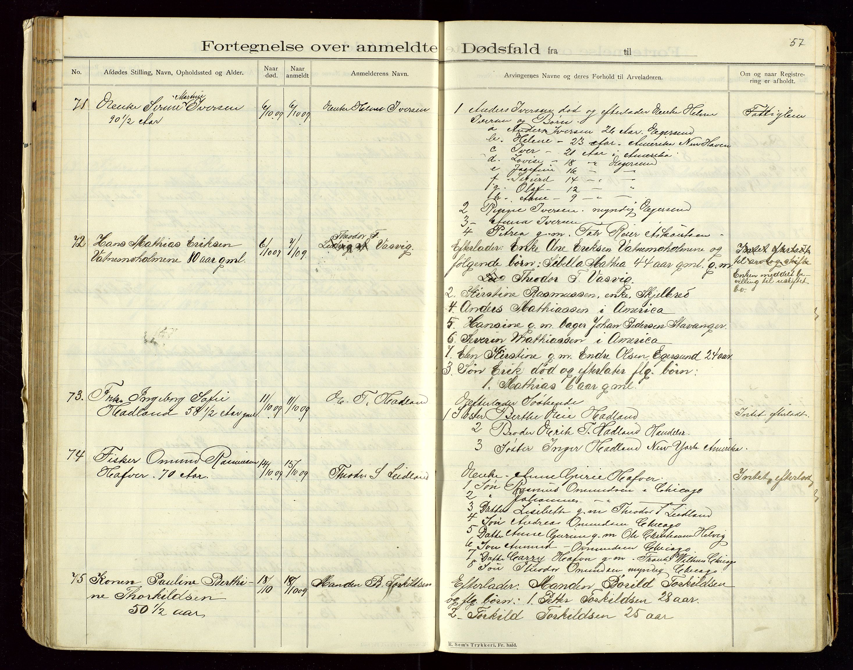 Eigersund lensmannskontor, SAST/A-100171/Gga/L0005: "Dødsfalds-Protokol" m/alfabetisk navneregister, 1905-1913, s. 57