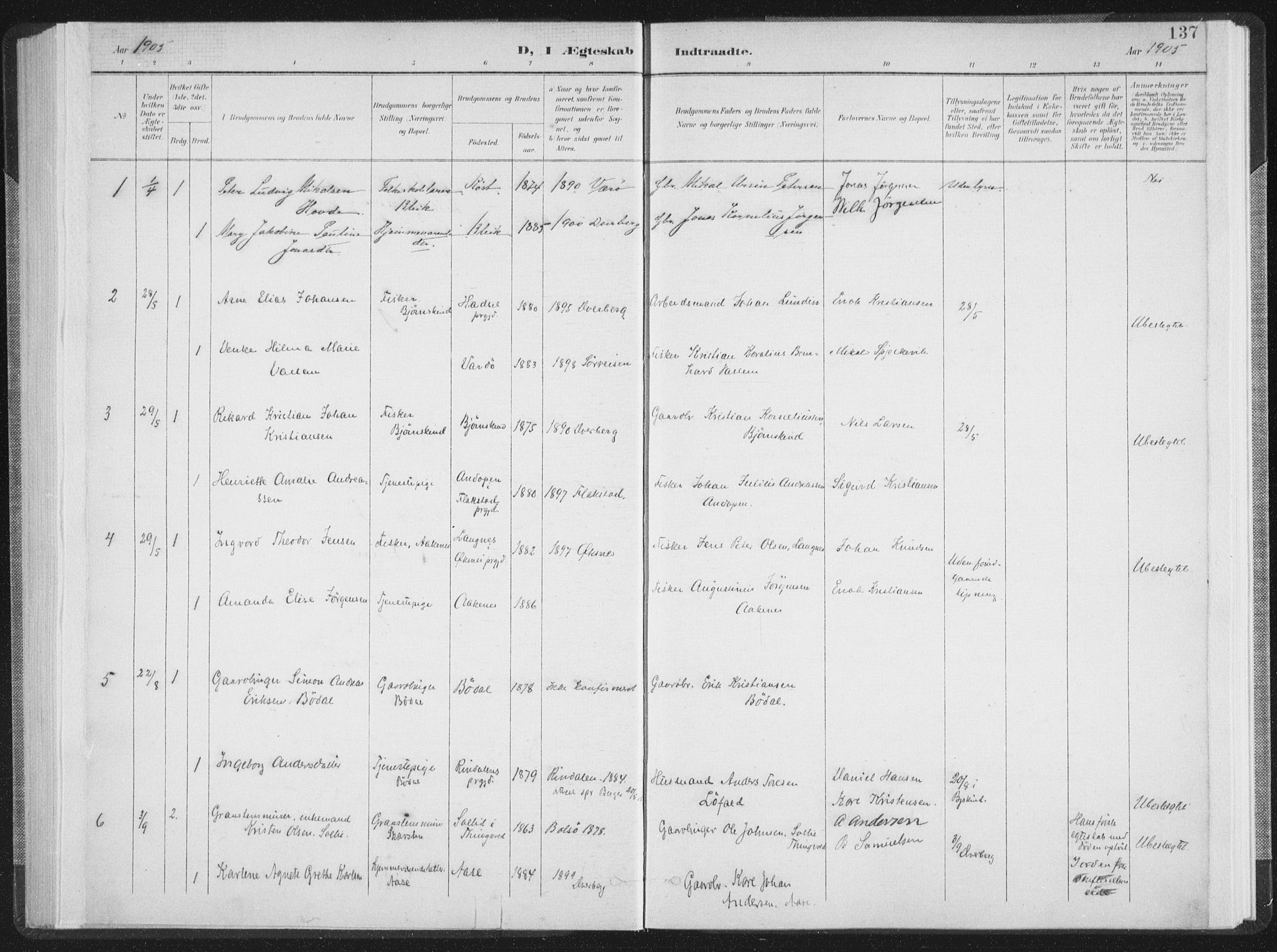 Ministerialprotokoller, klokkerbøker og fødselsregistre - Nordland, AV/SAT-A-1459/897/L1400: Ministerialbok nr. 897A07, 1897-1908, s. 137