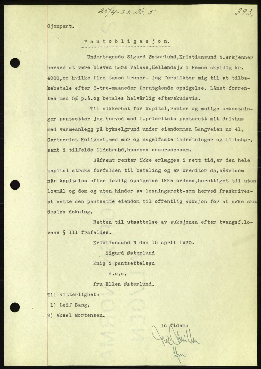 Kristiansund byfogd, AV/SAT-A-4587/A/27: Pantebok nr. 23, 1929-1930, Tingl.dato: 25.04.1930