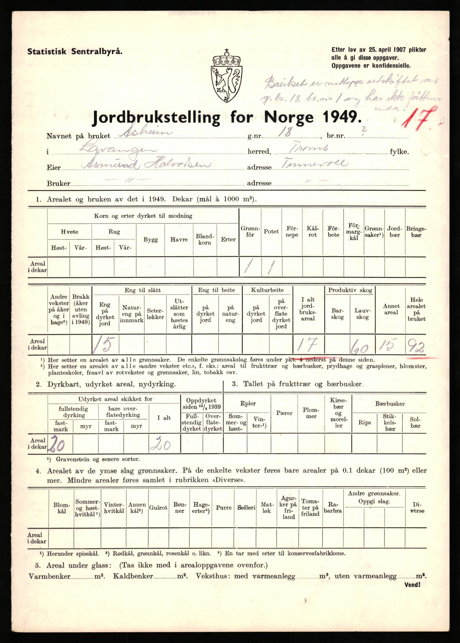 Statistisk sentralbyrå, Næringsøkonomiske emner, Jordbruk, skogbruk, jakt, fiske og fangst, AV/RA-S-2234/G/Gc/L0437: Troms: Gratangen og Lavangen, 1949, s. 104