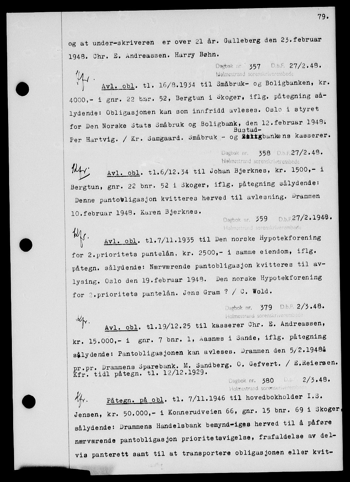 Holmestrand sorenskriveri, SAKO/A-67/G/Ga/Gab/L0058: Pantebok nr. B-58, 1947-1948, s. 79, Dagboknr: 357/1948