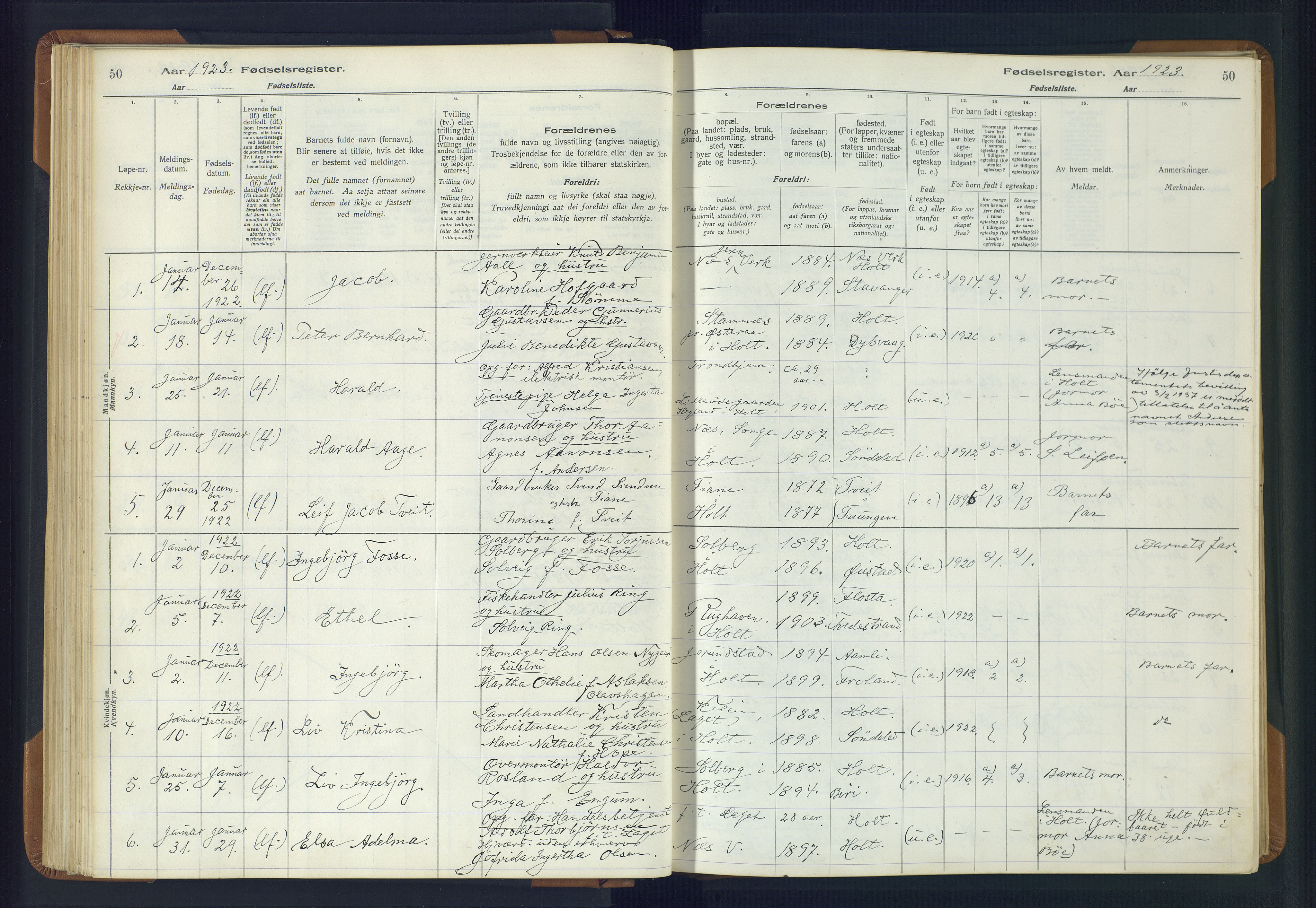 Holt sokneprestkontor, AV/SAK-1111-0021/J/Ja/L0001: Fødselsregister nr. II.4.1, 1916-1946, s. 50