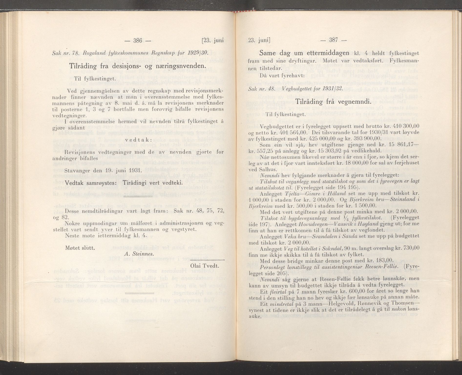 Rogaland fylkeskommune - Fylkesrådmannen , IKAR/A-900/A/Aa/Aaa/L0050: Møtebok , 1931, s. 386-387