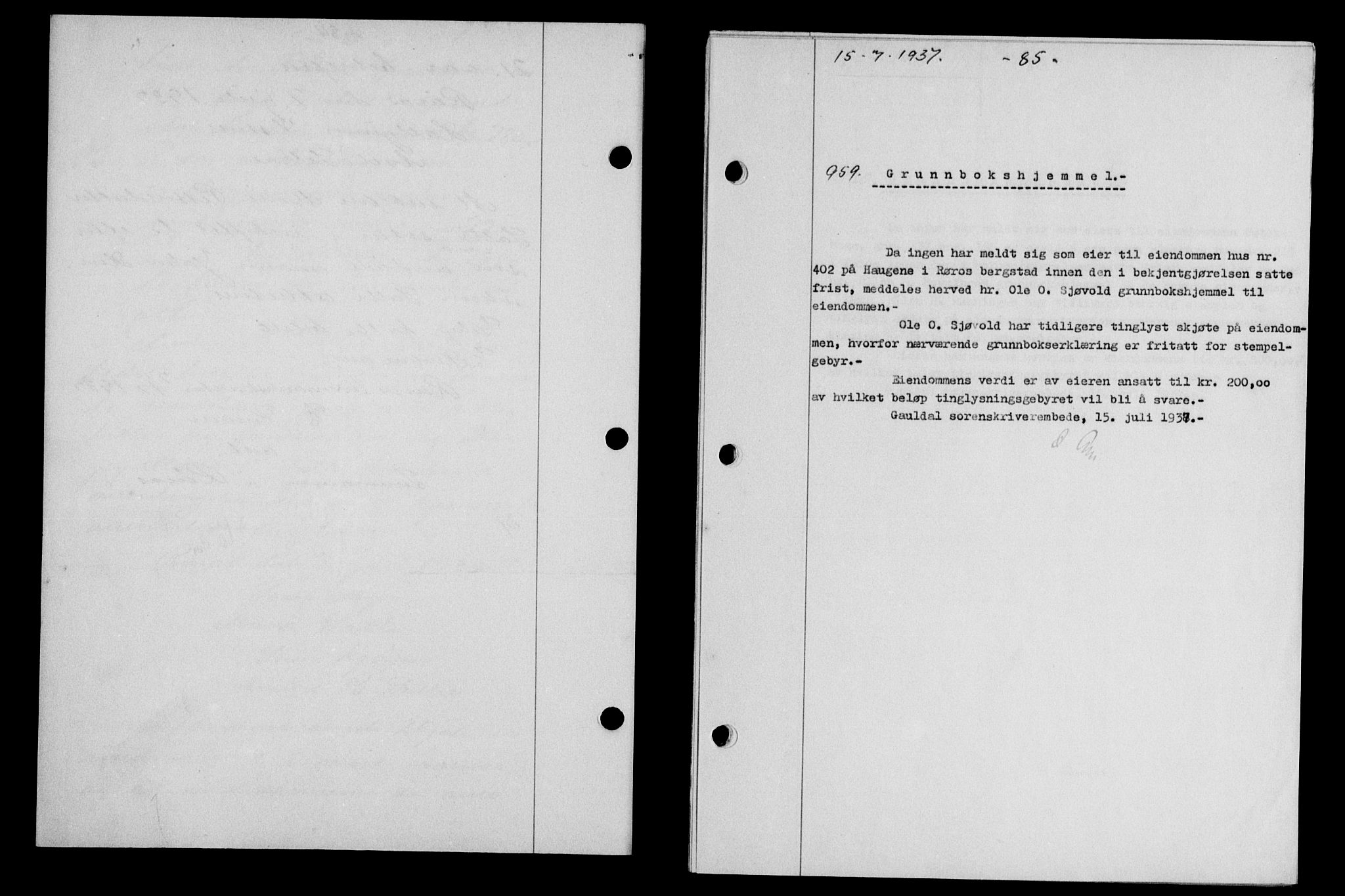 Gauldal sorenskriveri, SAT/A-0014/1/2/2C/L0047: Pantebok nr. 50-51, 1937-1937, Dagboknr: 959/1937