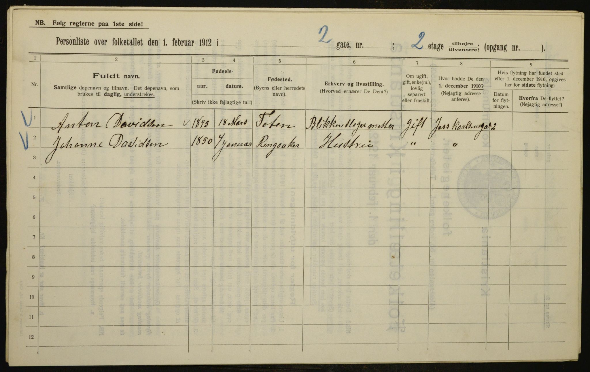 OBA, Kommunal folketelling 1.2.1912 for Kristiania, 1912, s. 47284