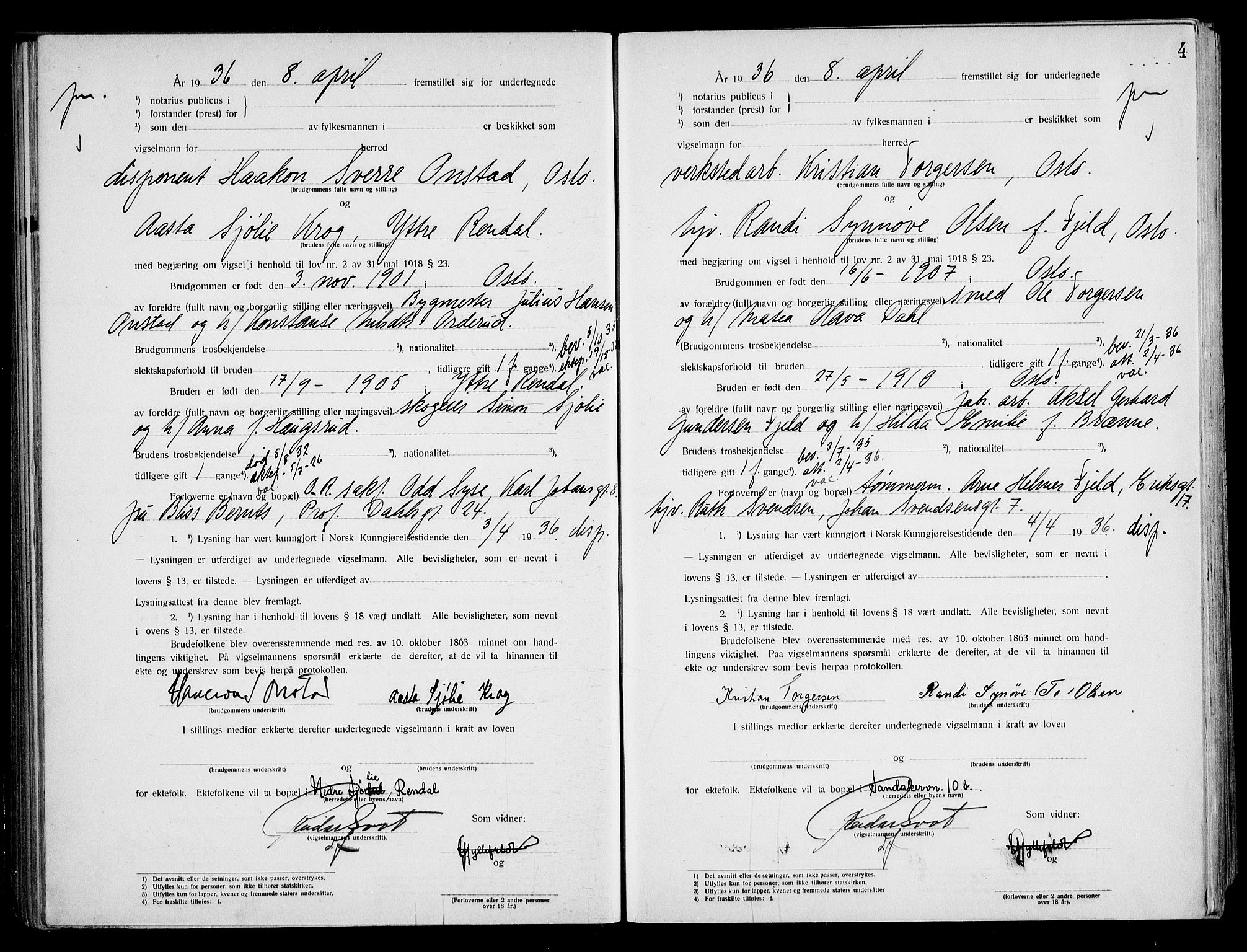 Oslo byfogd avd. I, AV/SAO-A-10220/L/Lb/Lbb/L0026: Notarialprotokoll, rekke II: Vigsler, 1936, s. 3b-4a